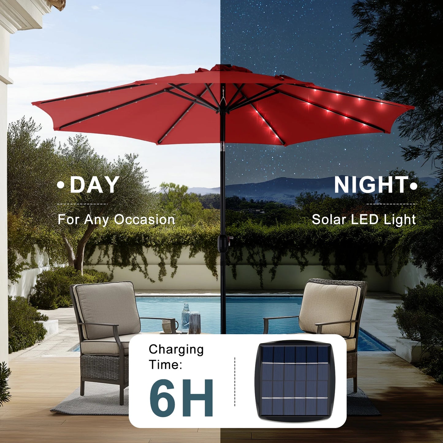 JHK Solar Patio Umbrella With 32 LED Lights Outdoor