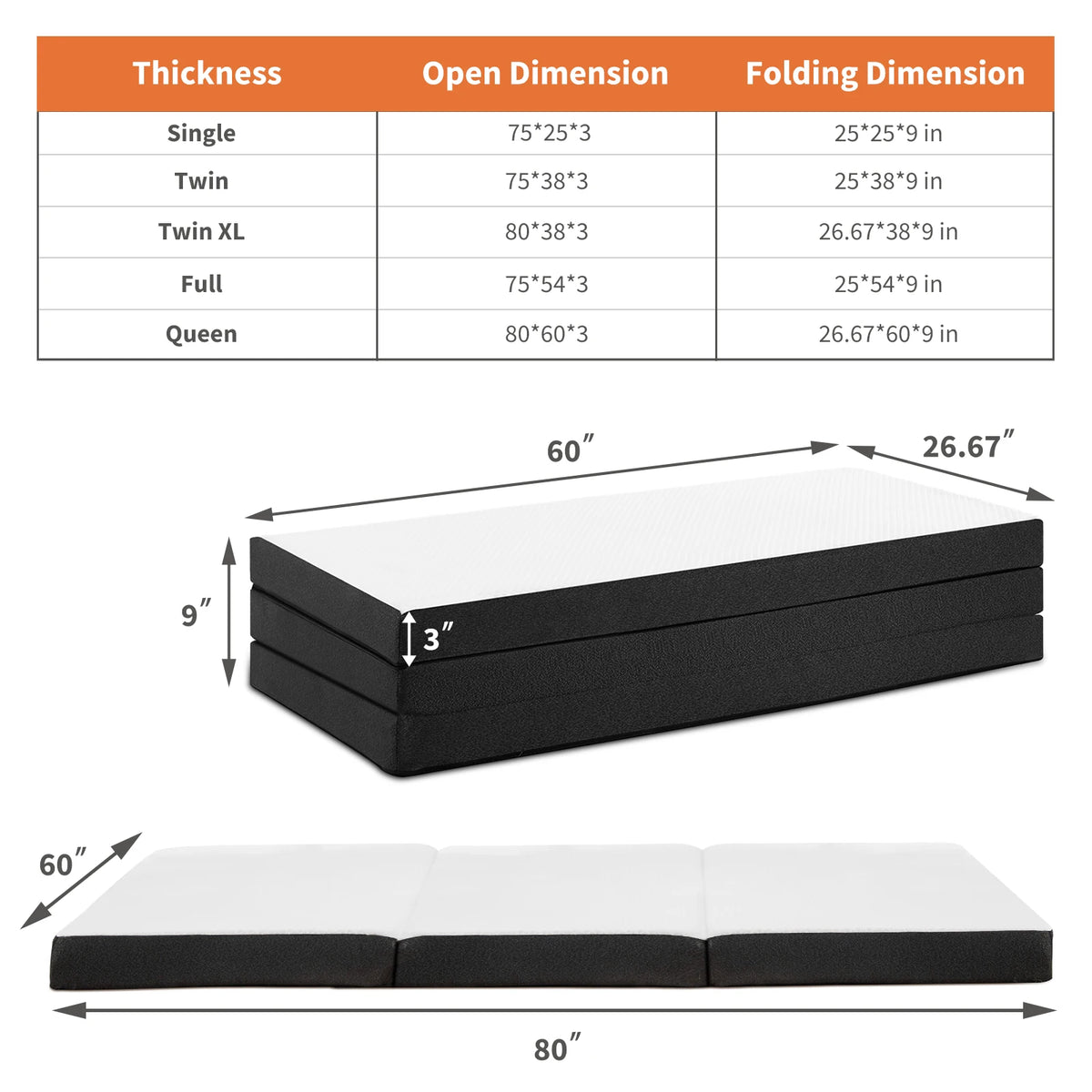 JHK Tri Fold Memory Foam Mattress With Washable Cover