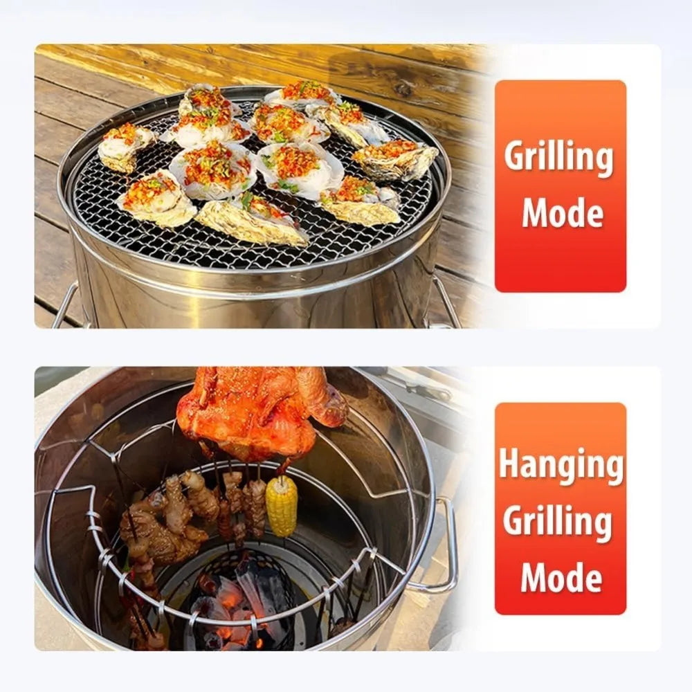 Bymaocar Smokeless Charcoal Grill 360° Stainless Steel Barrel With Skewers