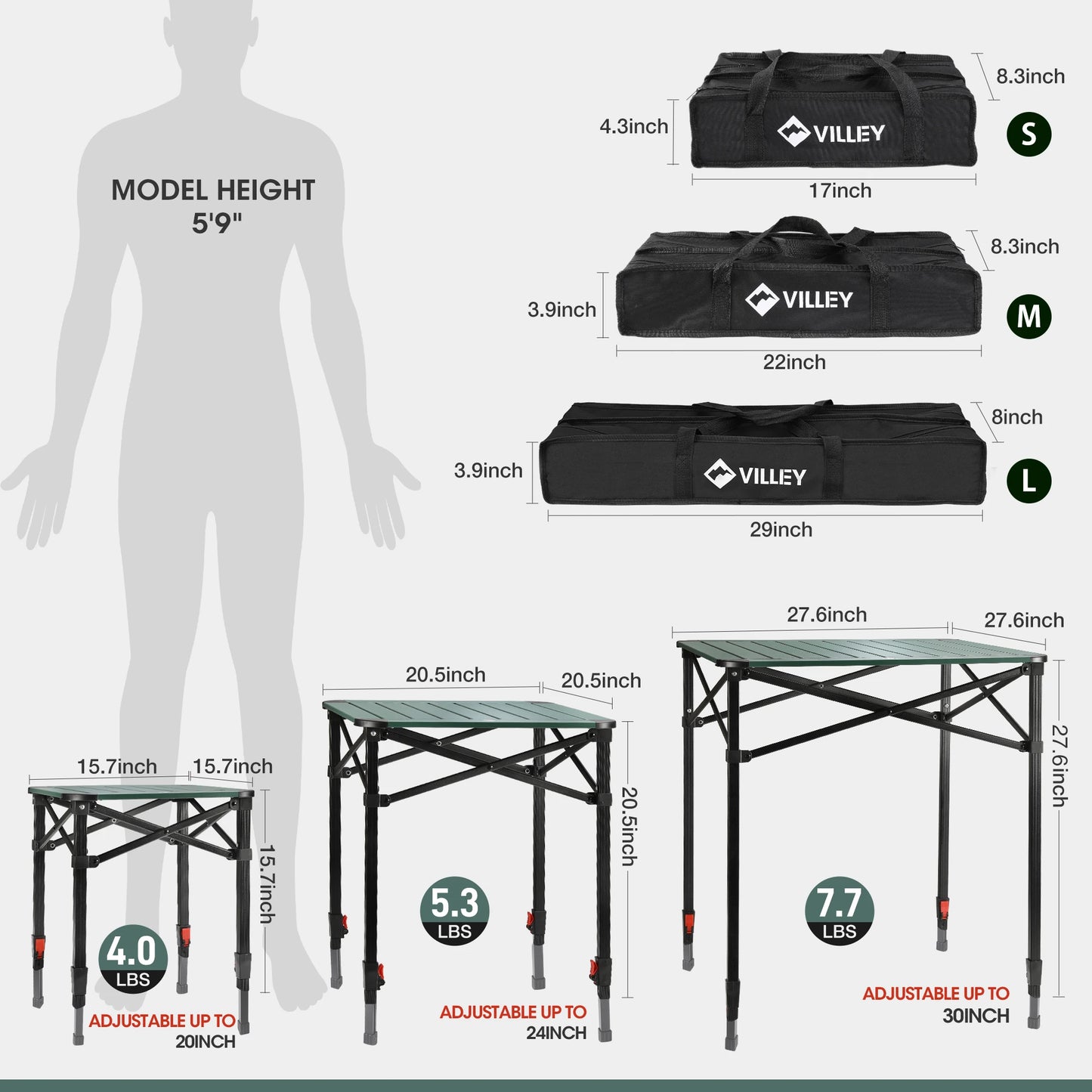 Villey Folding Camping Adjustable Square Table with Carry Bag Aluminum