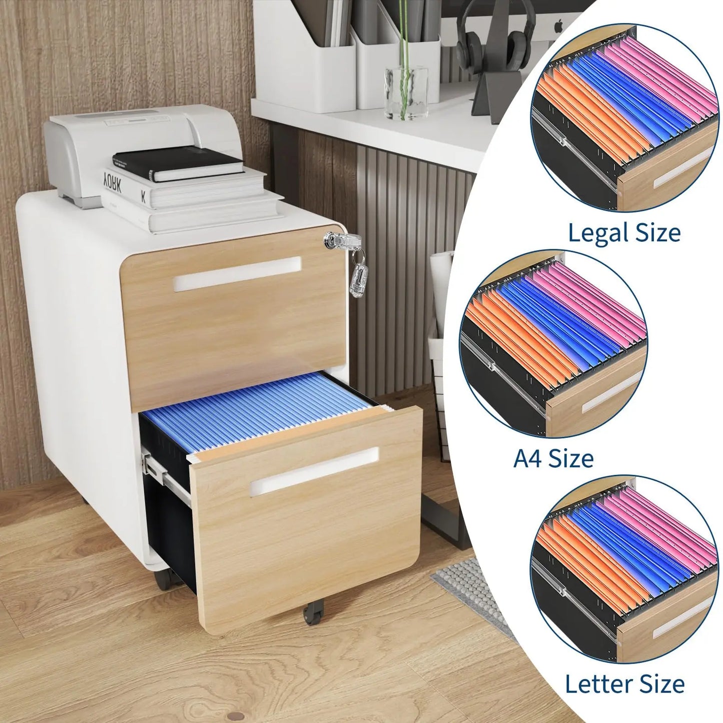 HiMISS Locking 2 Drawer On Wheels Rolling File Cabinet