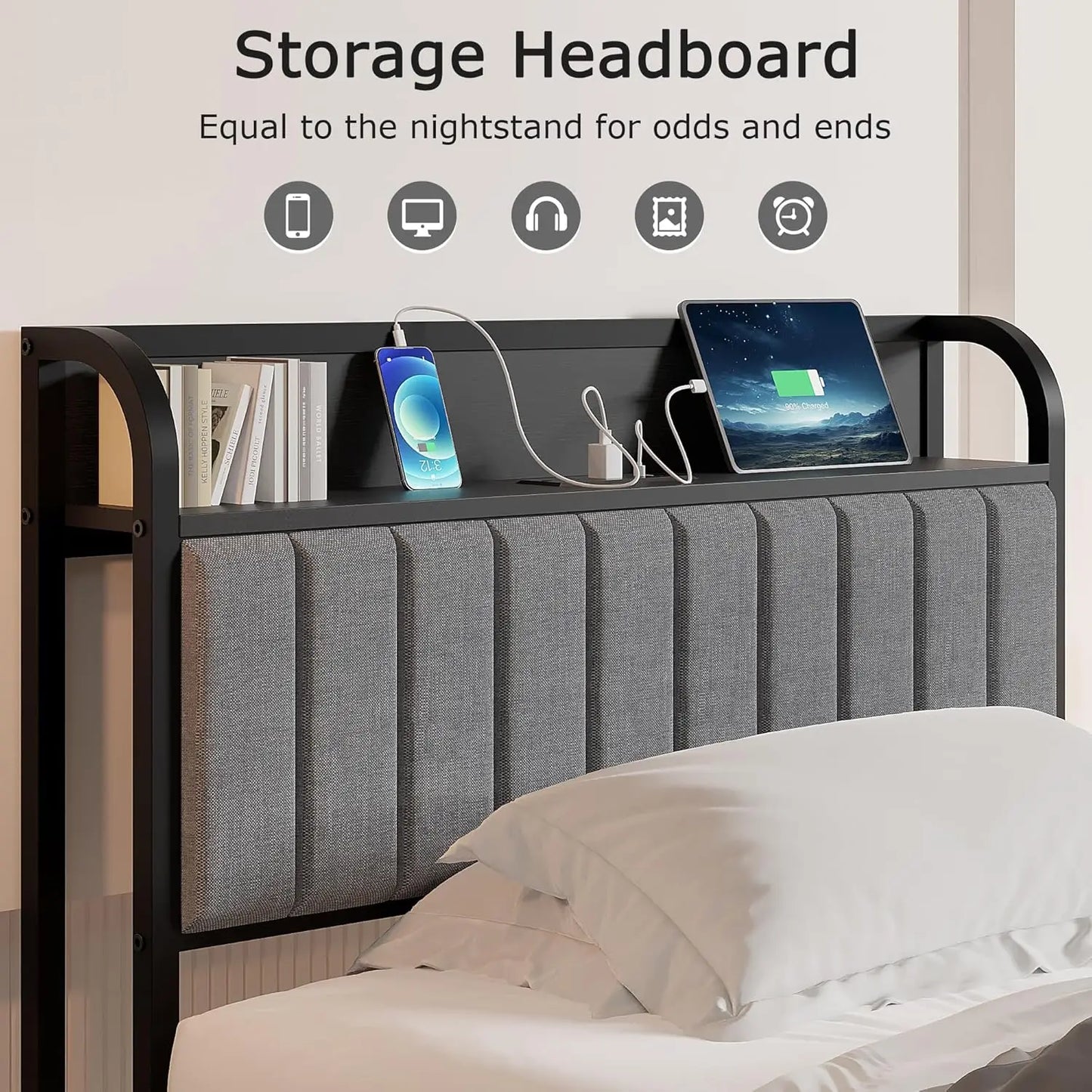 Bed Frame With Storage Headboard Charging Station Heavy Duty Slats