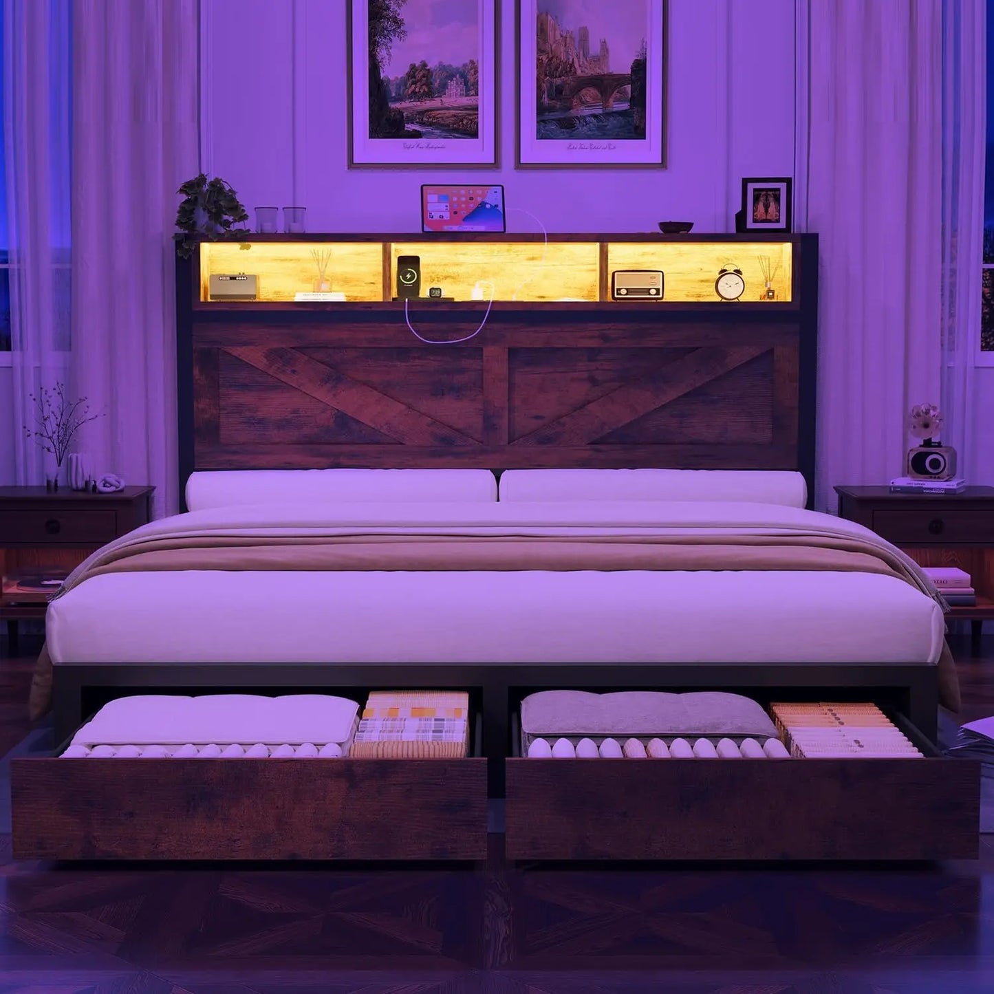 Chengwei Farmhouse Full Bed Frame With Bookcase Storage Headboard