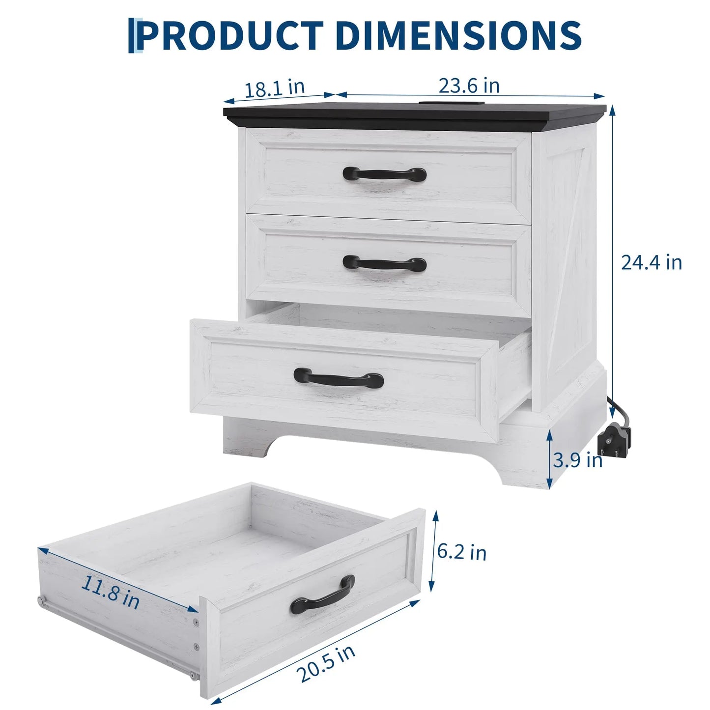 Modern Farmhouse Wood Nightstand With Charging Station And Drawers