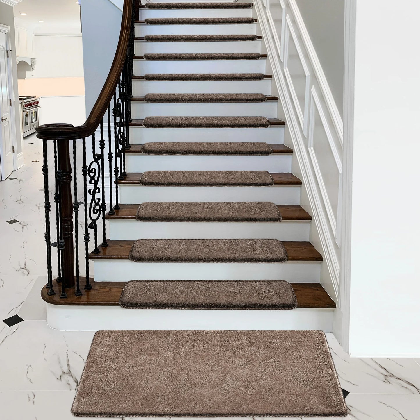 Non-Slip Bullnose Stair Treads Washable Self-Adhesive Plush Carpet Mats