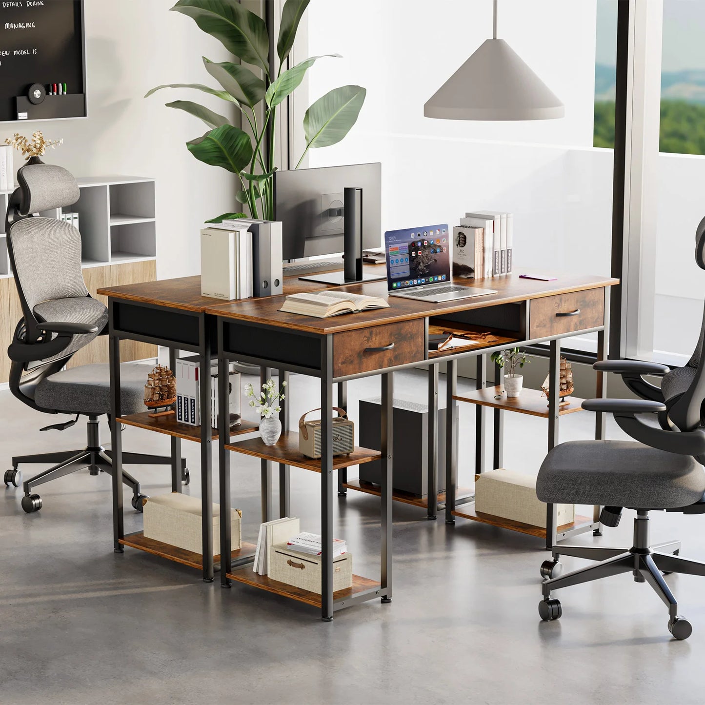 JHK Computer Gaming Desk With Metal Frame Fabric Drawers And Shelves