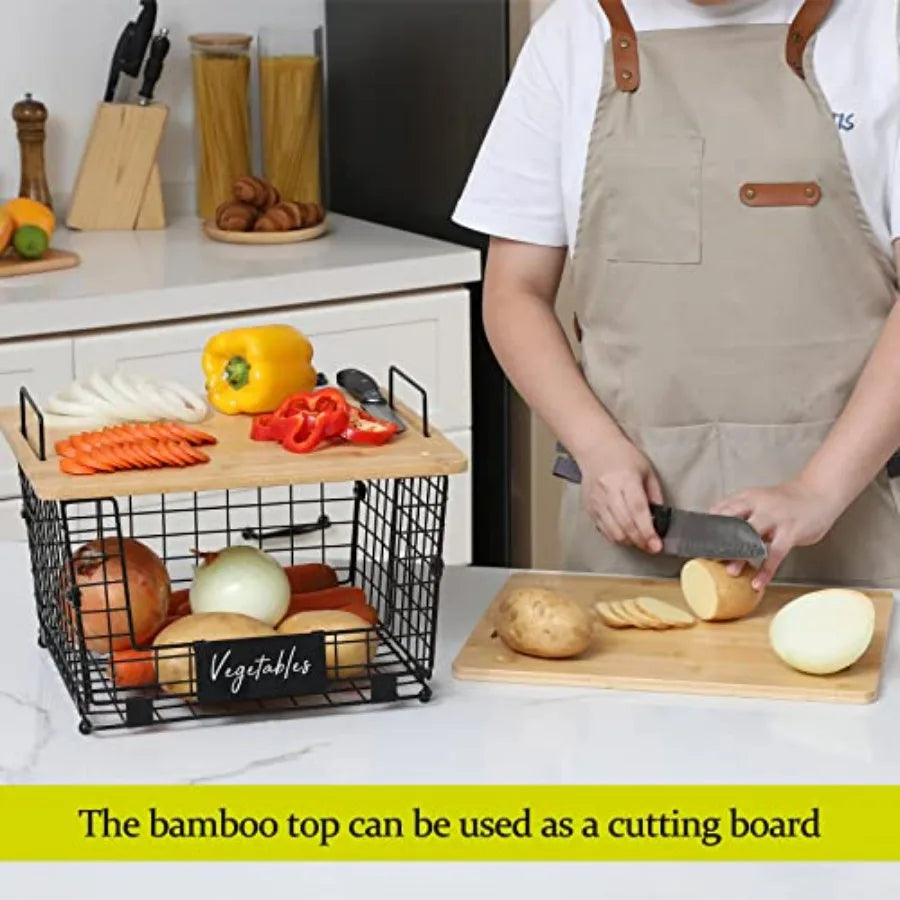 Stackable Wire Basket Set With Bamboo Tops For Pantry Organization