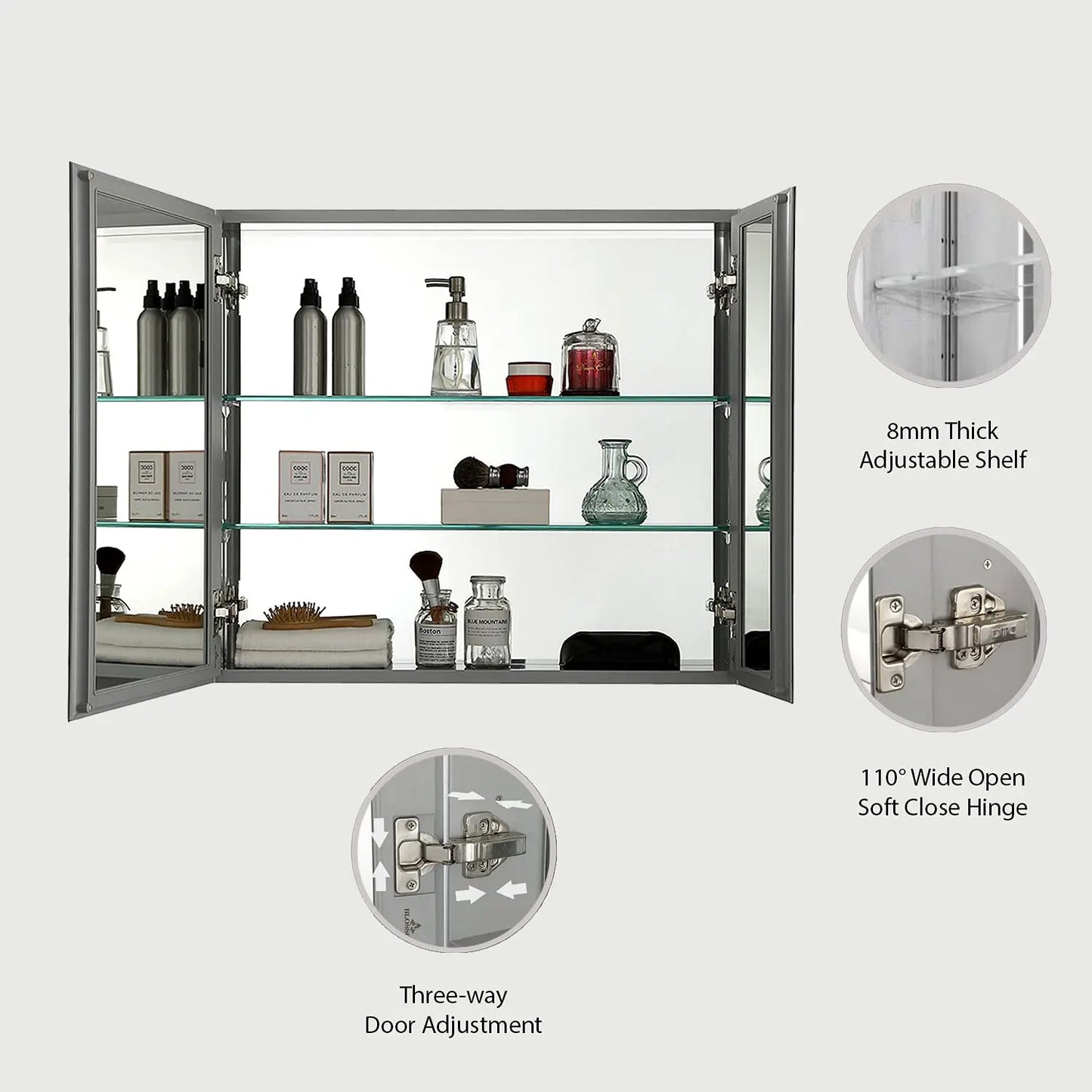 Aluminum Medicine Cabinet With Mirror For Recessed Or Surface Wall Mounted