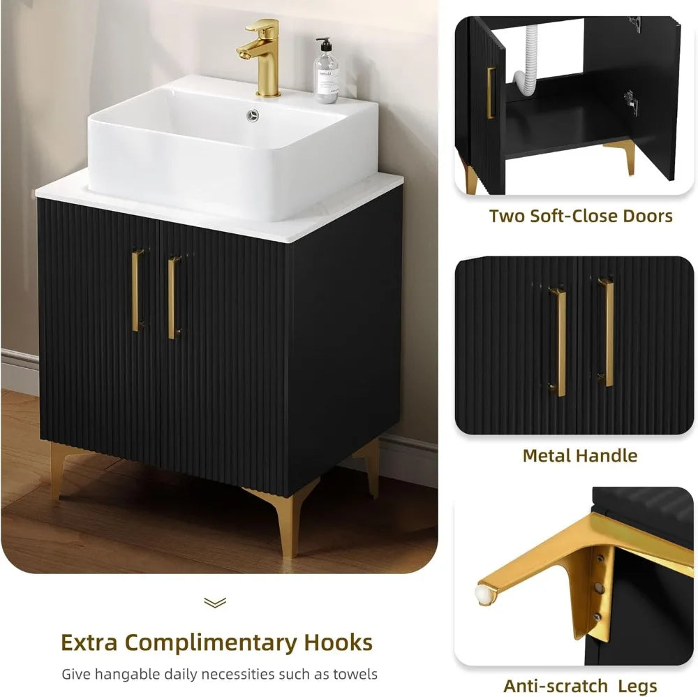Modern Oak Bathroom Vanity With Countertop Sink Combo Soft Closing