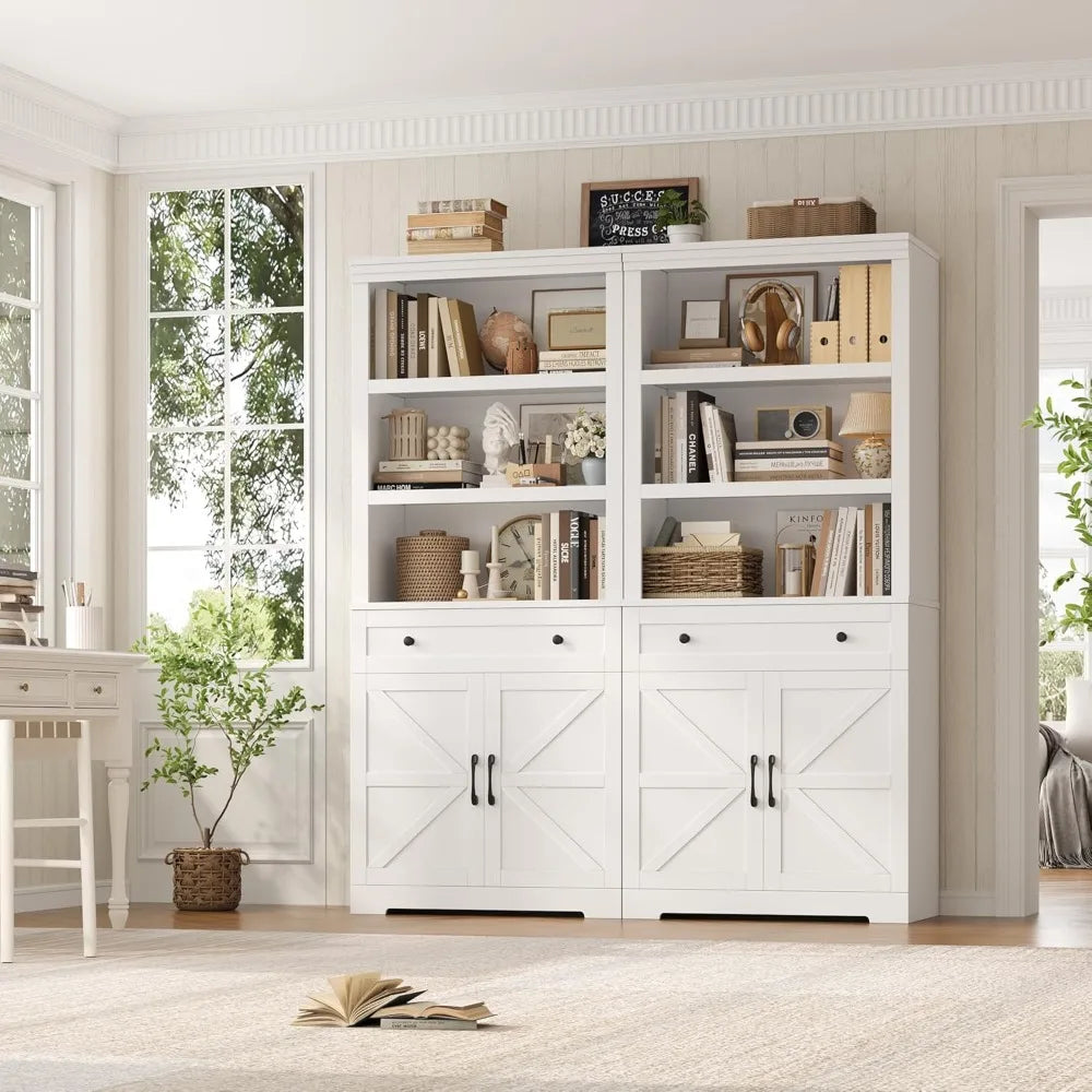 Farmhouse Wood Bookcase With Drawers And Doors Open Shelves