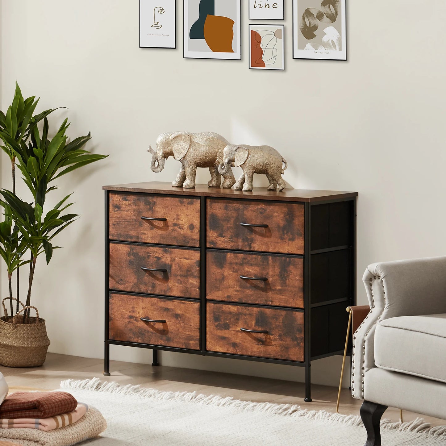 JHK 6 Drawer Fabric Cabinet Living Room Storage Chest