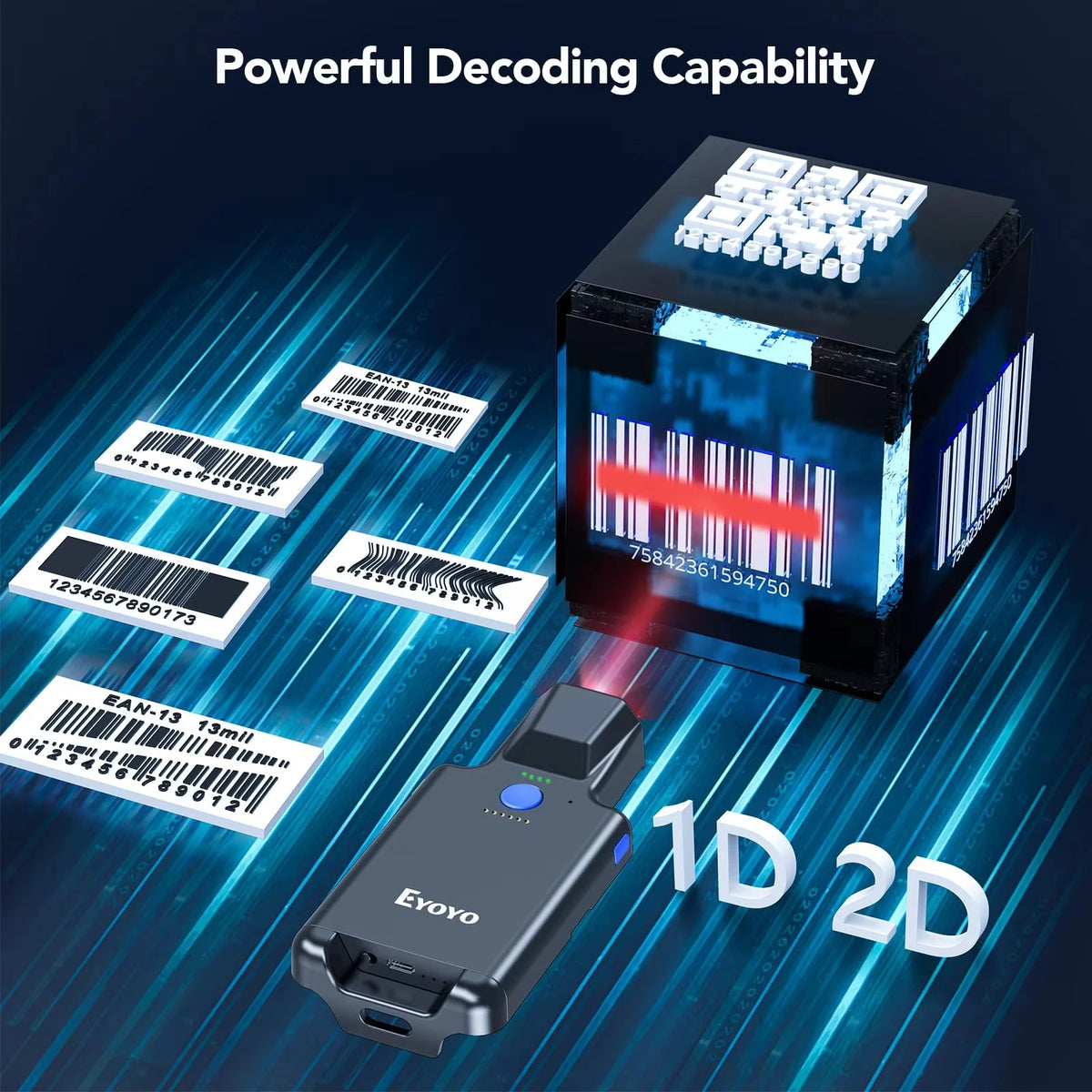 Eyoyo Bluetooth 1D 2D Barcode Scanner Portable QR Code Reader