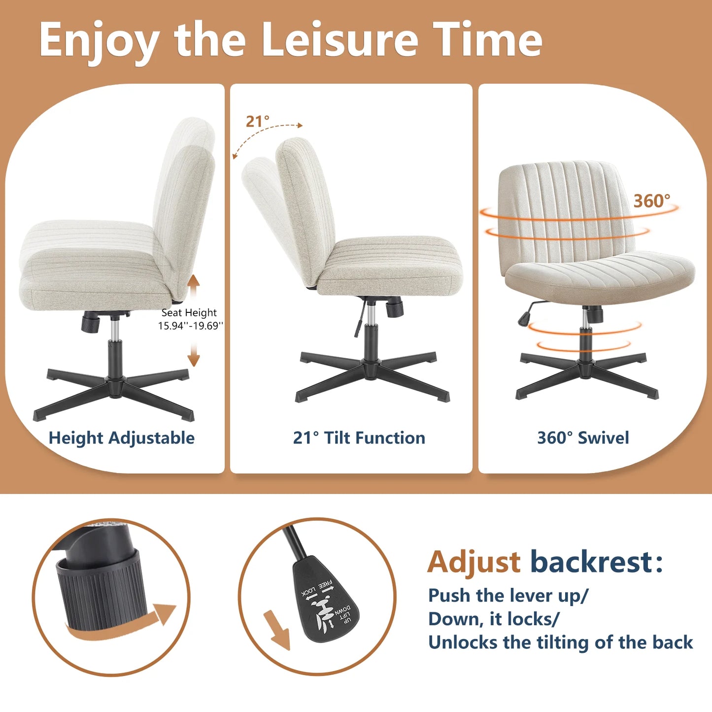 JHK Cross Legged Office Chair Rocking Swivel Adjustable Fabric Task Chair