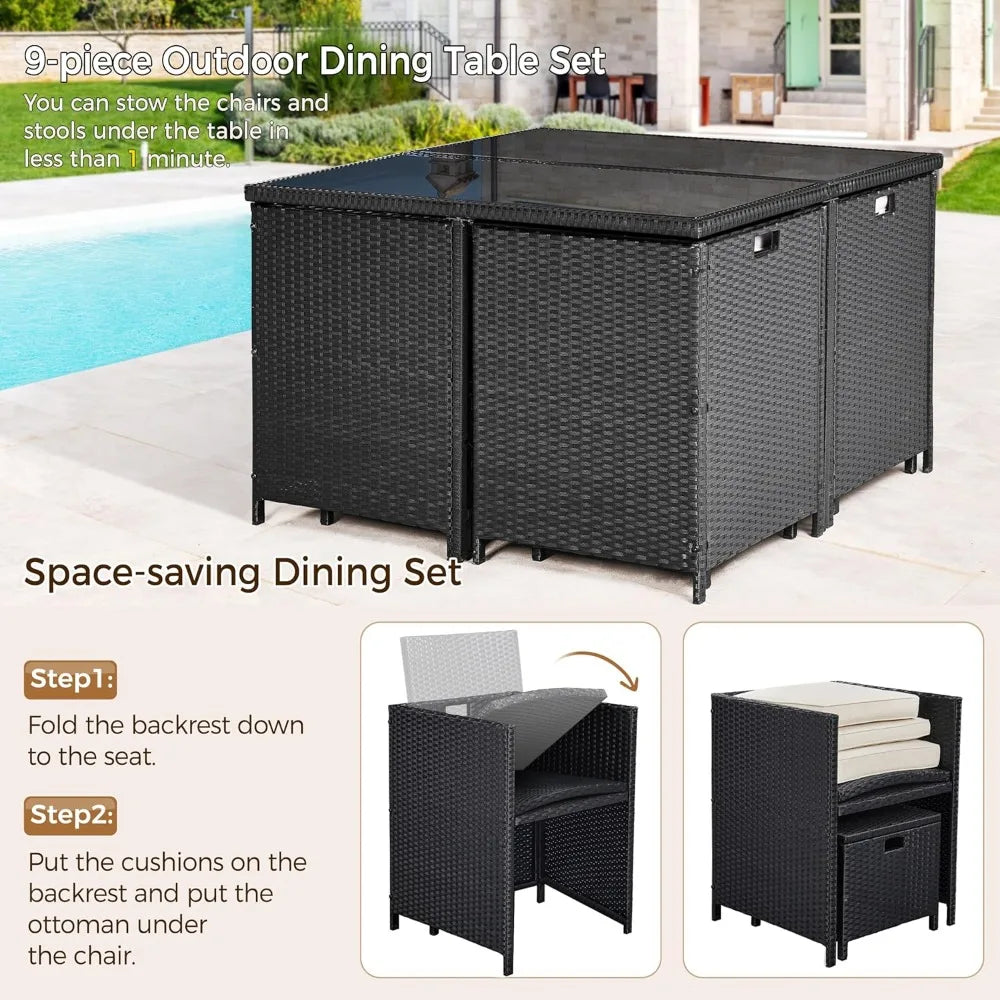 9-Piece Outdoor Patio Dining Set With Rattan Glass Table