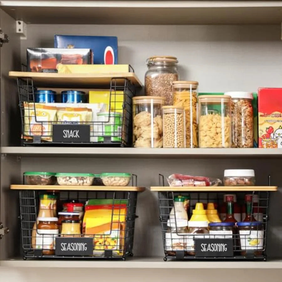 Stackable Wire Basket Set With Bamboo Tops For Pantry Organization