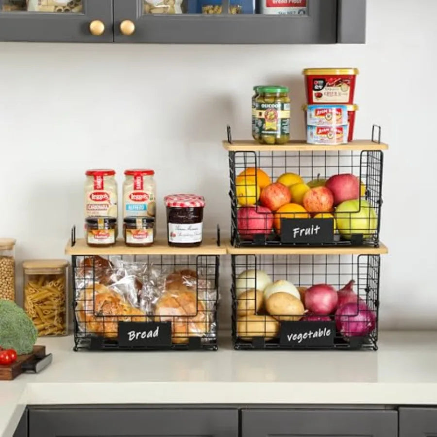Stackable Wire Basket Set With Bamboo Tops For Pantry Organization