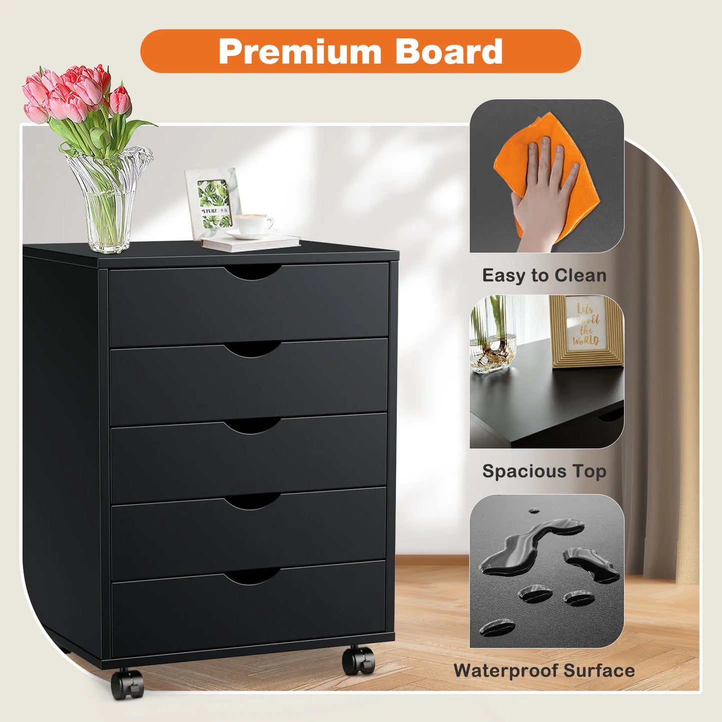 JHK Wood Nightstand Cabinet With 5 Drawers And Rollers