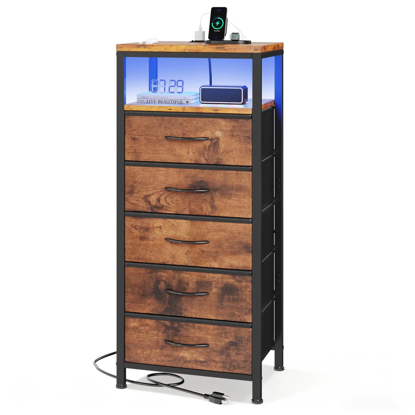 JHK 5 Drawer Dresser Nightstand With Charging Station