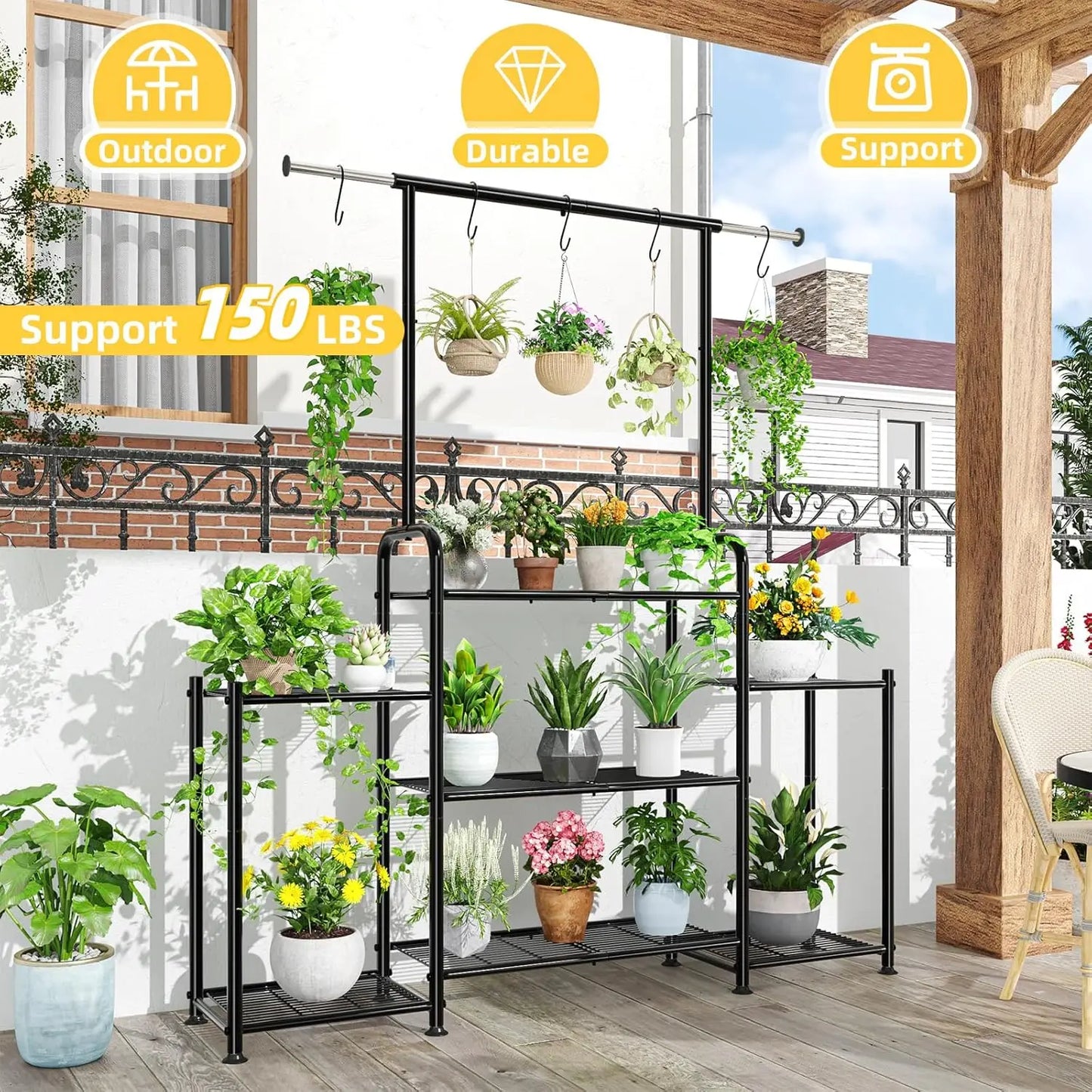 Three Tier Metal Plant Stand Indoor Outdoor Expandable Hanging Shelf