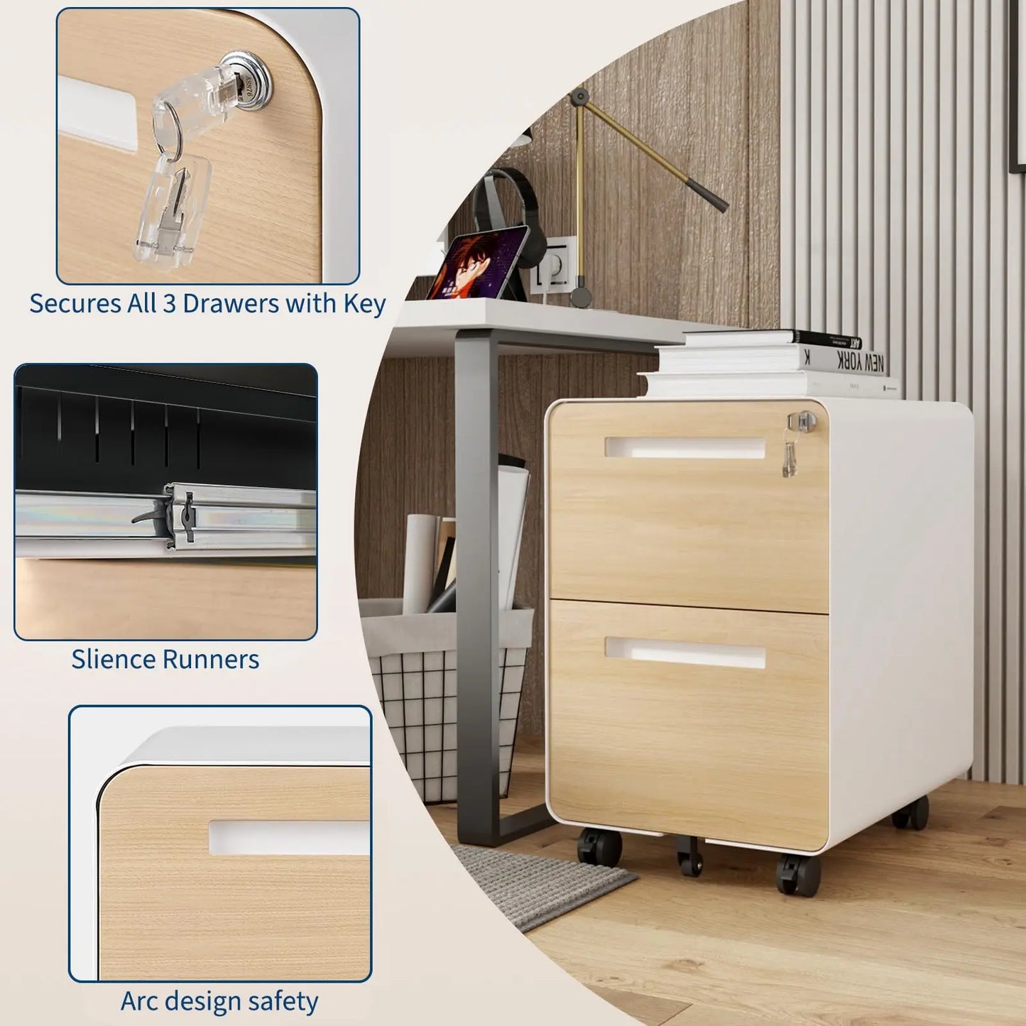 HiMISS Locking 2 Drawer On Wheels Rolling File Cabinet