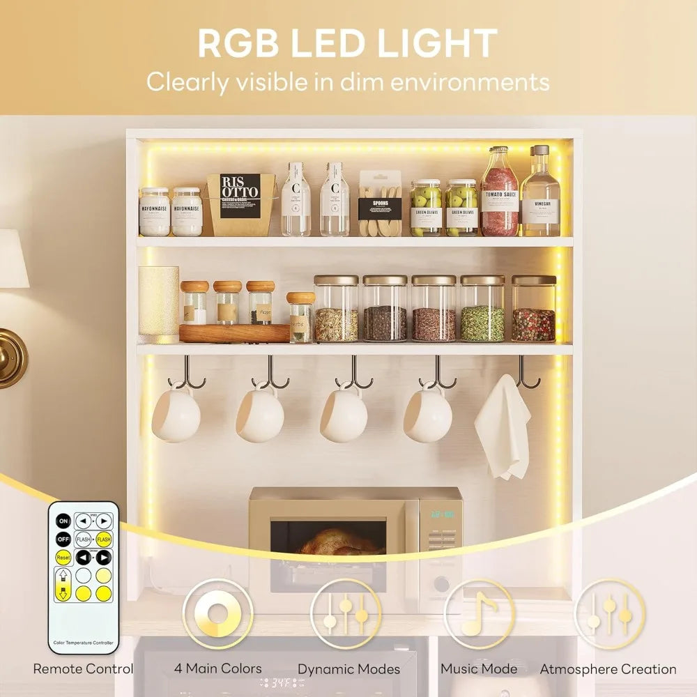 Kitchen Microwave Stand With Mini Fridge LED Lighting Power Outlets