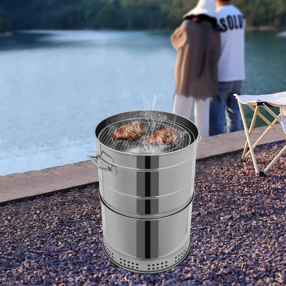 Bymaocar Smokeless Charcoal Grill 360° Stainless Steel Barrel With Skewers