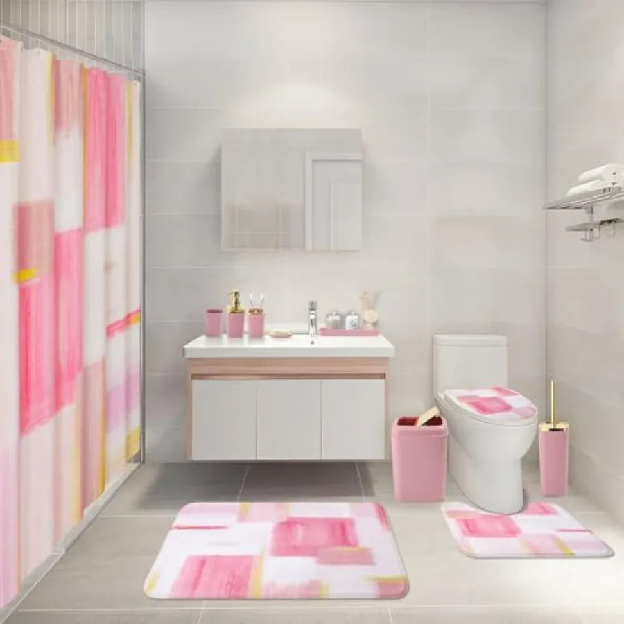 Bathroom Set With Shower Curtain Rugs Trash Can Soap Dispenser