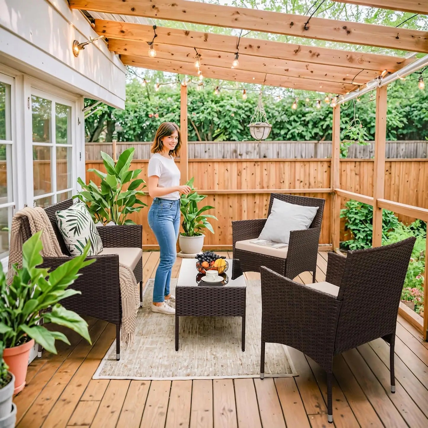 Outdoor 4 Piece Rattan Wicker Patio Set For Garden Porch