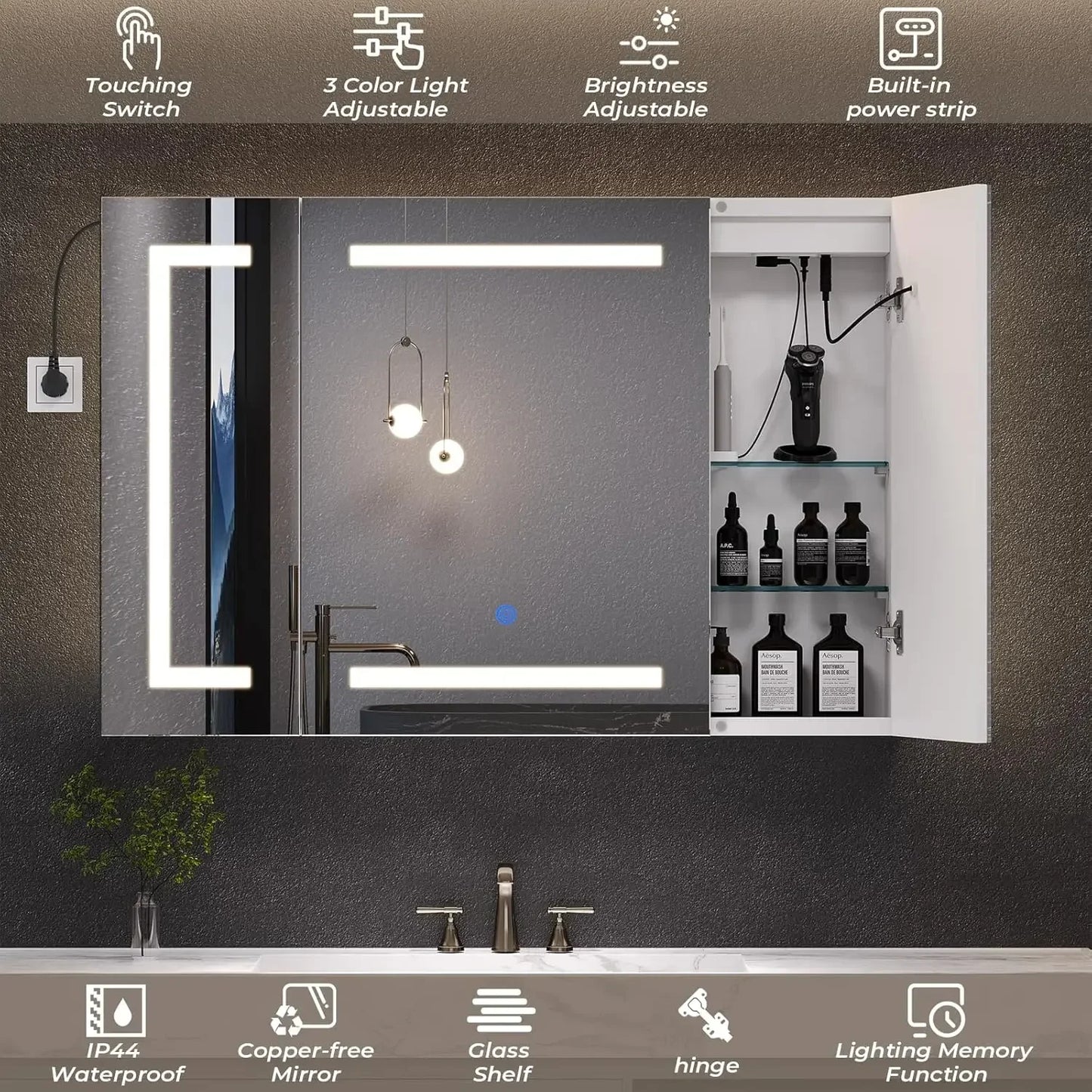 Lighted Medicine Cabinet With Mirror Wall Mounted 3 Doors Bathroom