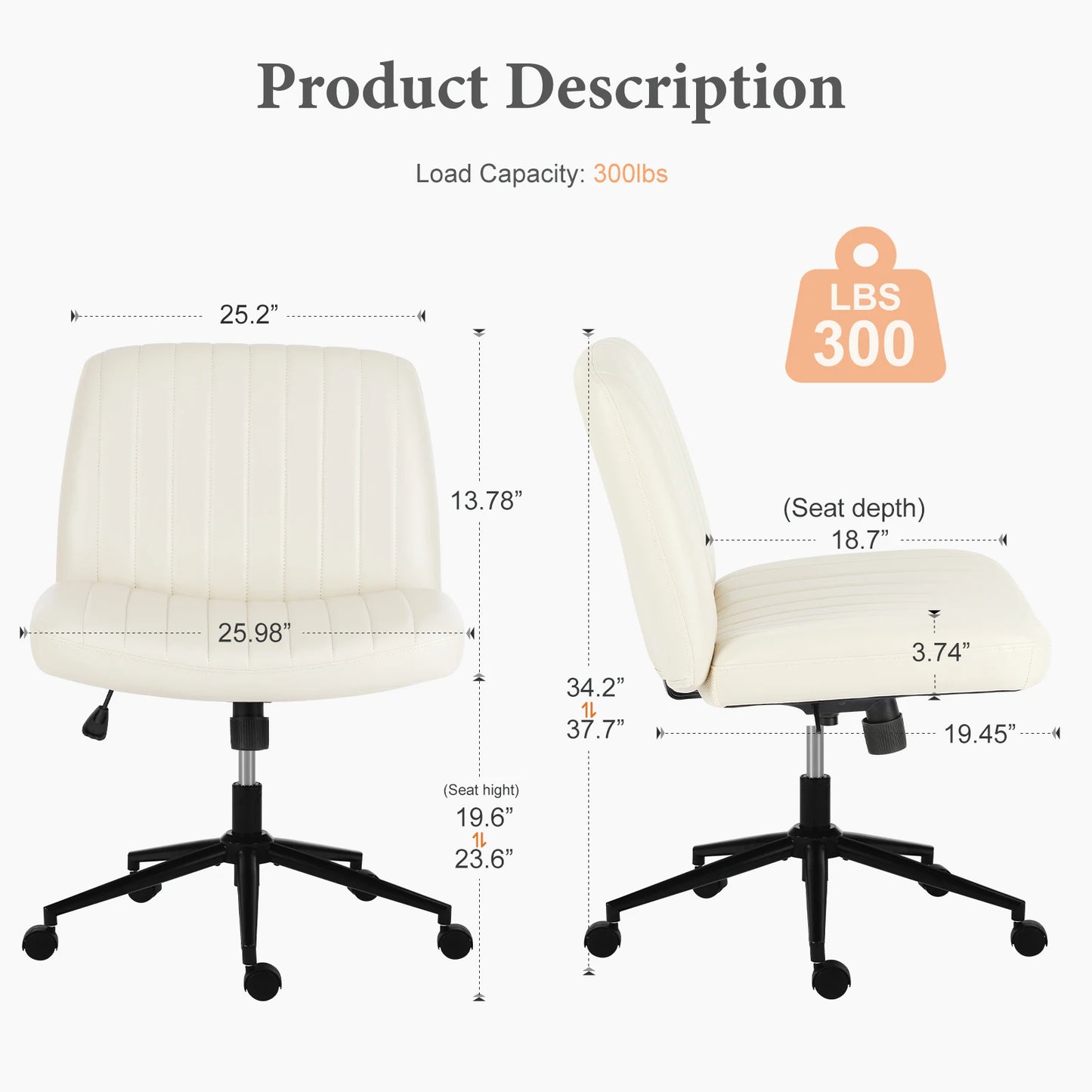 JHK Armless PU Leather Office Chair With Wheels Height Adjustable