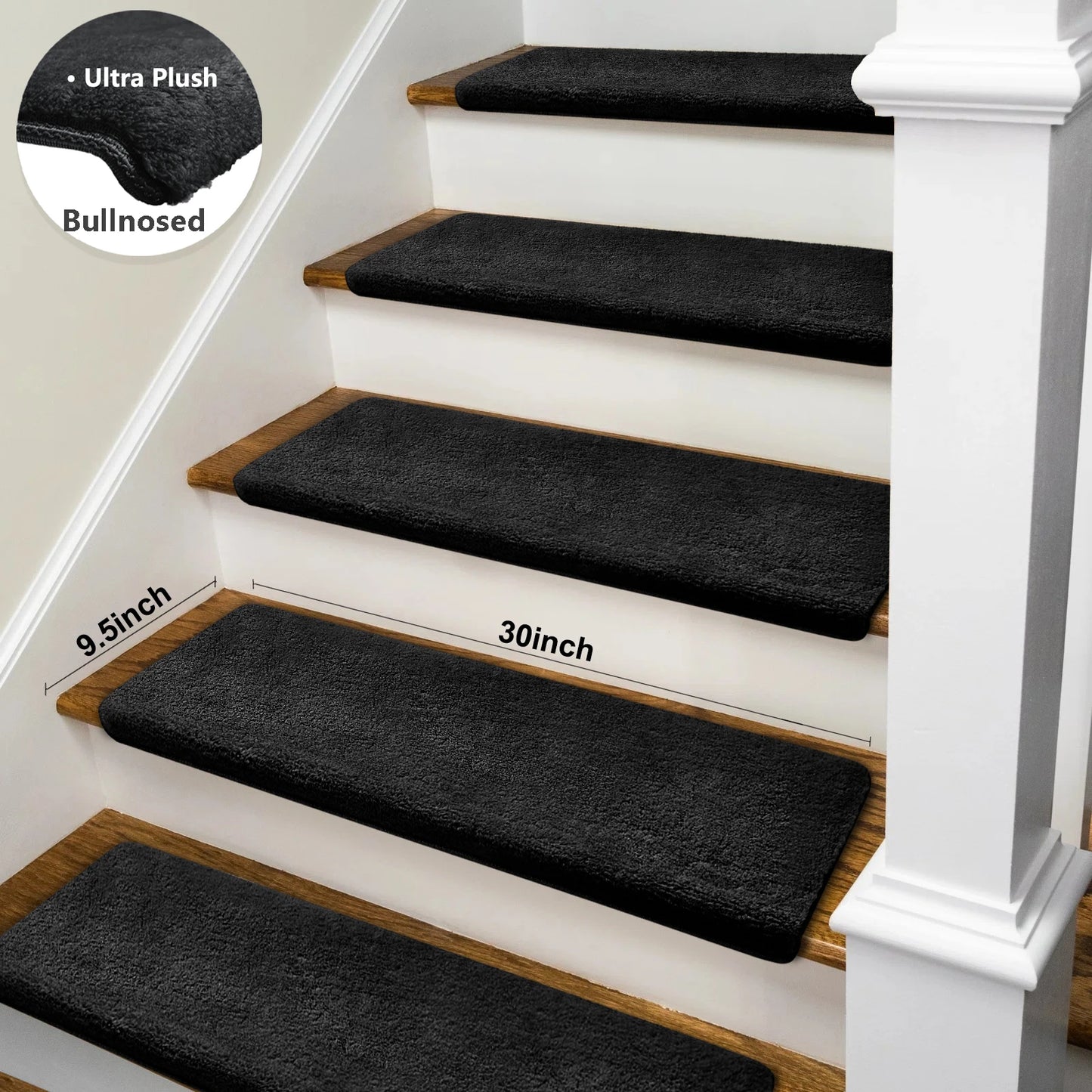 Non-Slip Bullnose Stair Treads Washable Self-Adhesive Plush Carpet Mats
