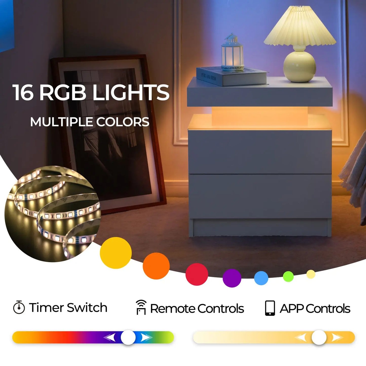 Cubehom Nightstands With LED Light And Double Drawers