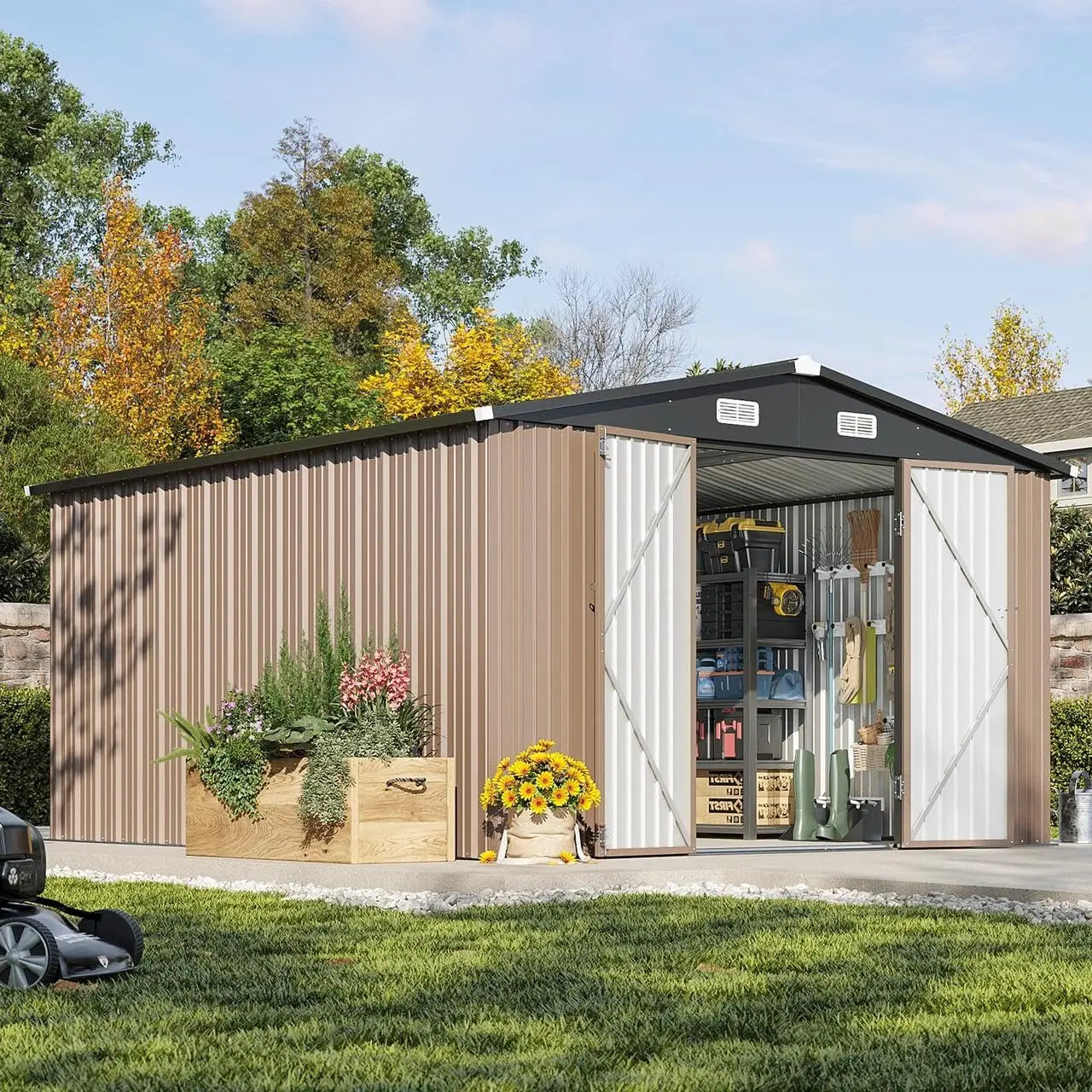 Outdoor Metal Storage Shed With Lockable Double Hinged Doors