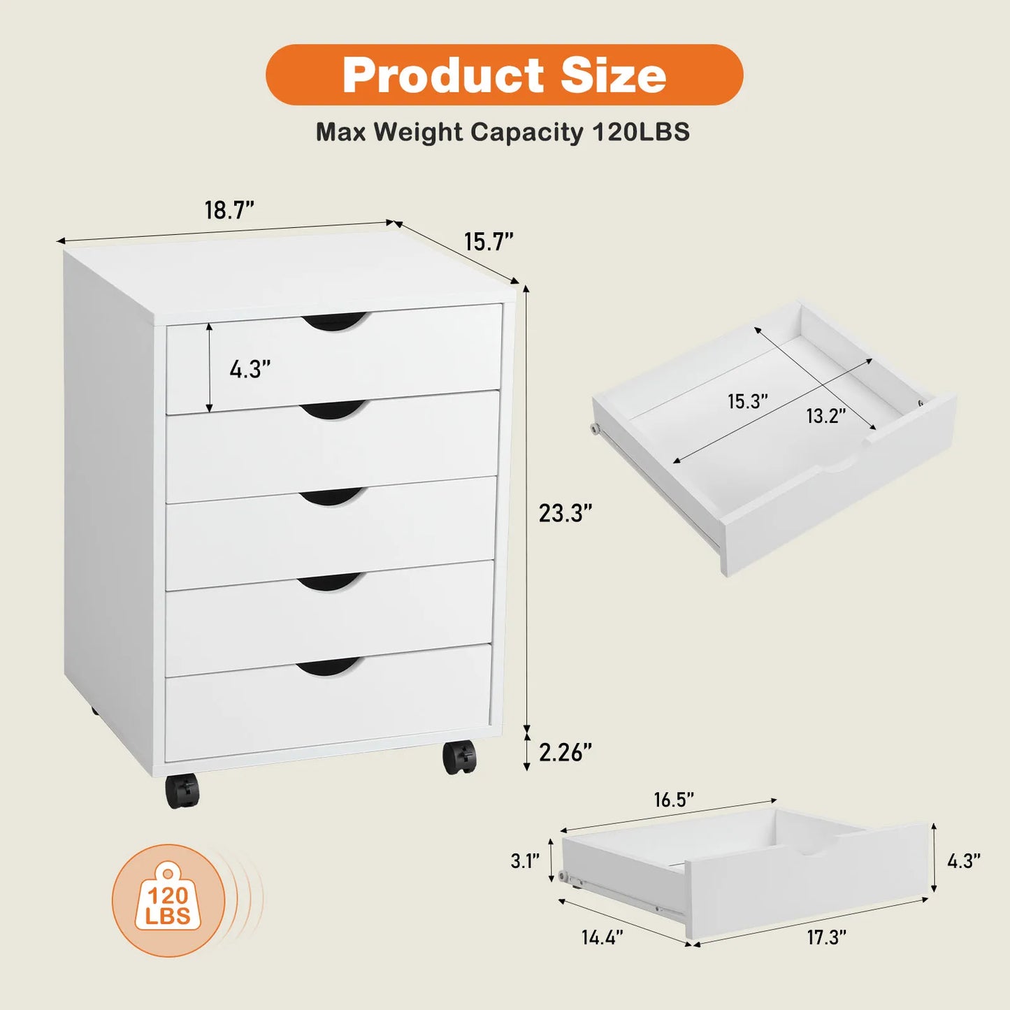 JHK Wood Nightstand Cabinet With 5 Drawers And Rollers