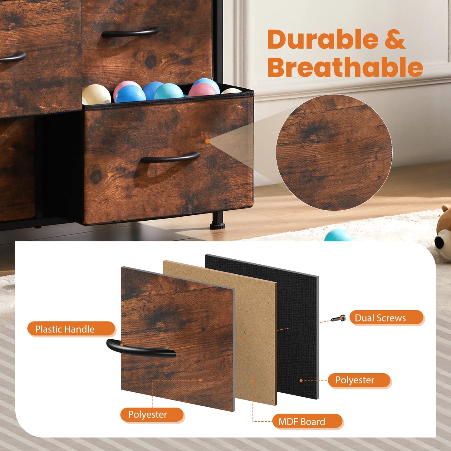 JHK Bedside Table With Fabric Drawers Wardrobe And Steel Frame
