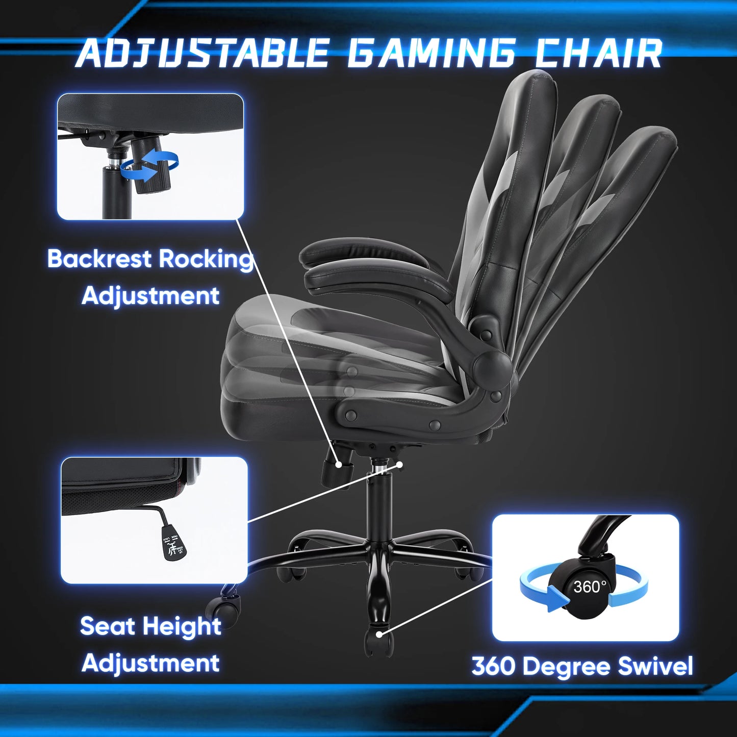 JHK Ergonomic Office Gaming Desk Chair With Flip Up Armrests