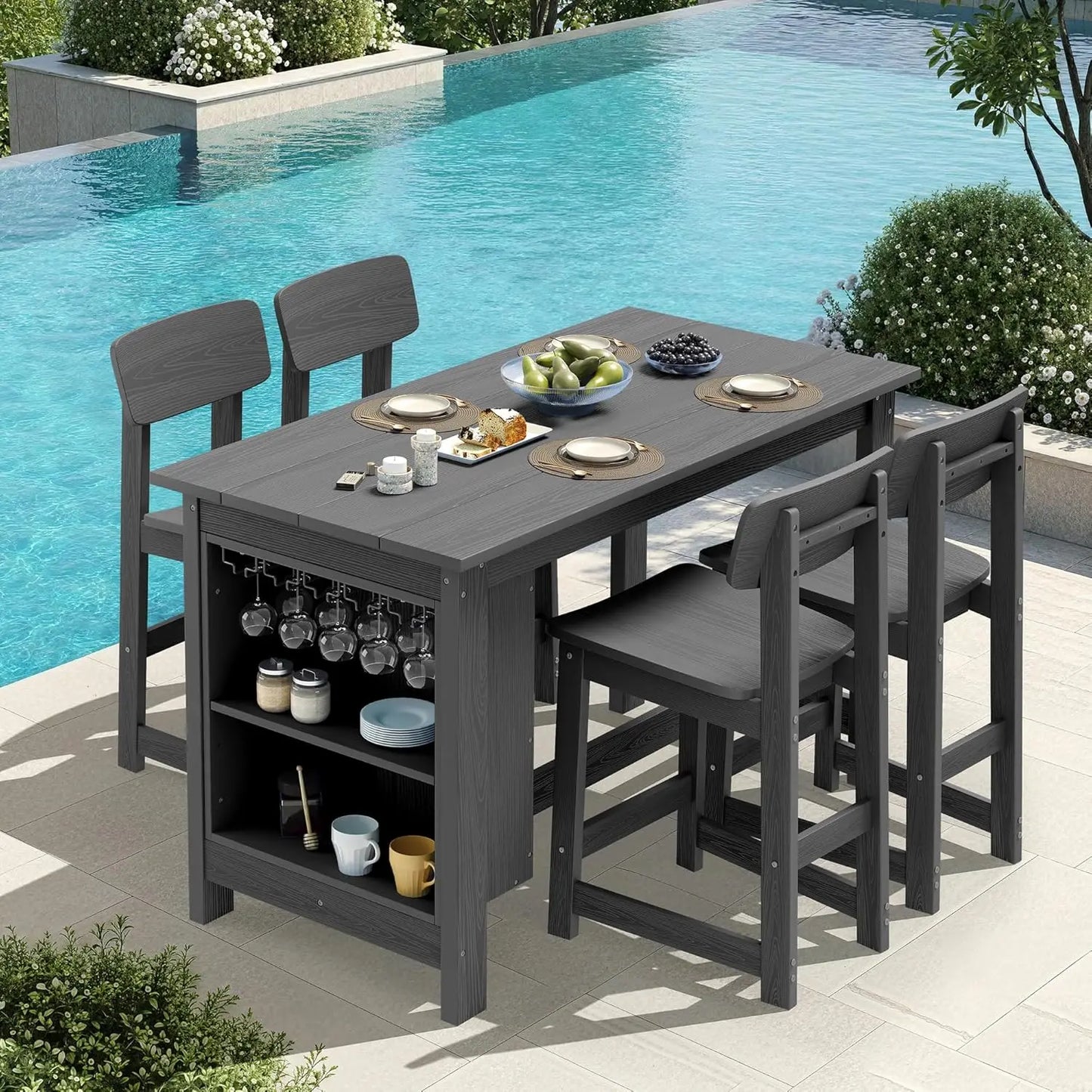 HDPE Outdoor Bar Table Set Storage Wine Rack And Stools