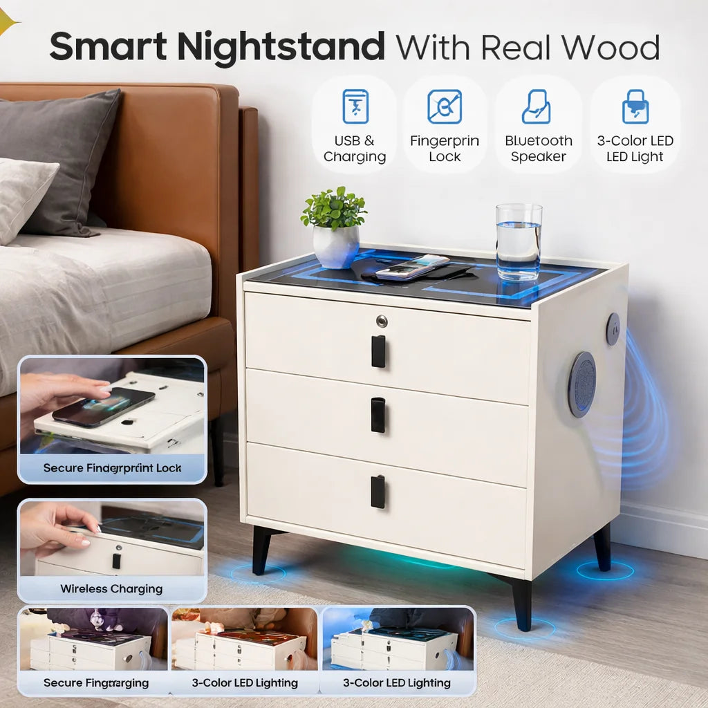 Solid Wood Nightstand With USB Charging Bluetooth Speaker And 3 Drawers