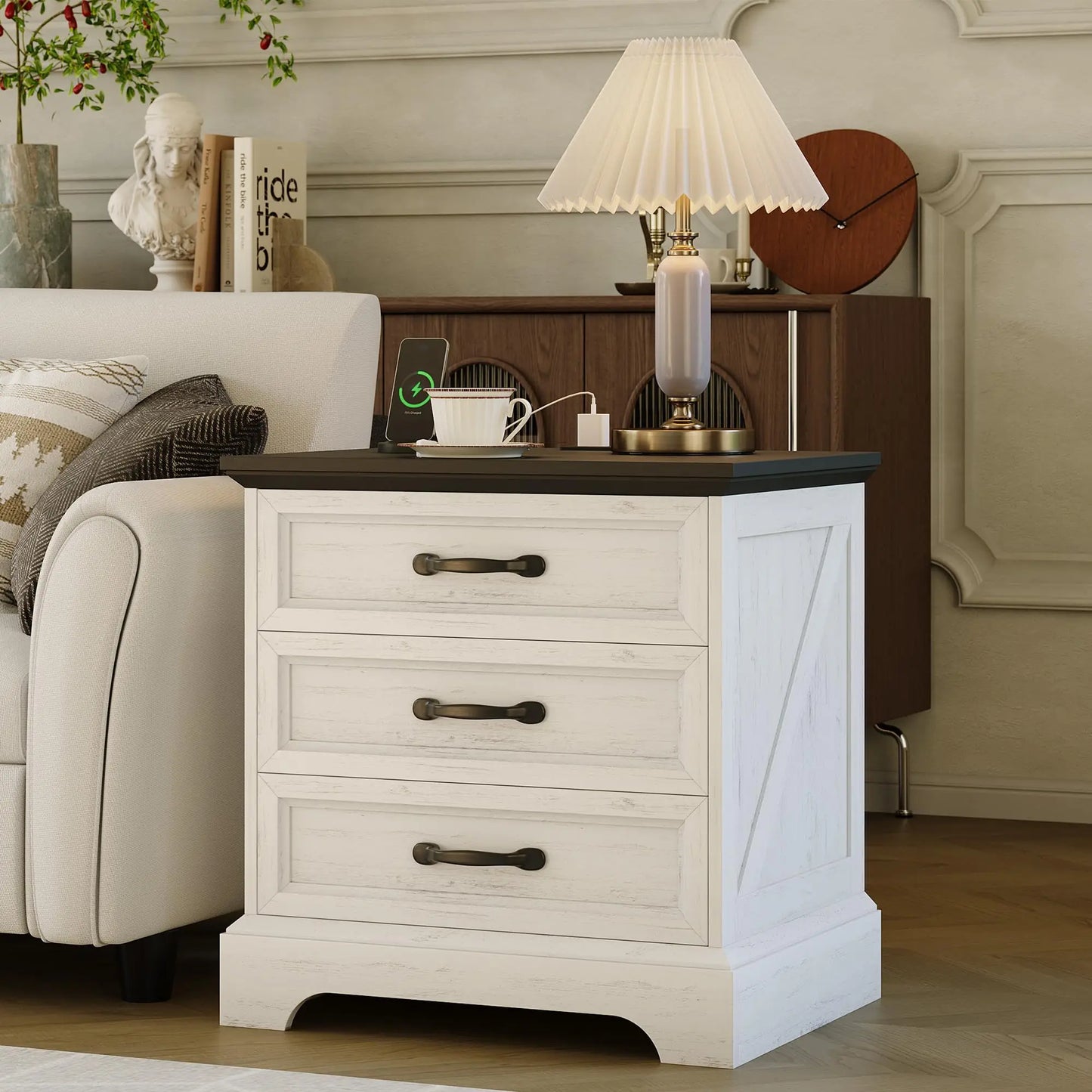 Modern Farmhouse Wood Nightstand With Charging Station And Drawers