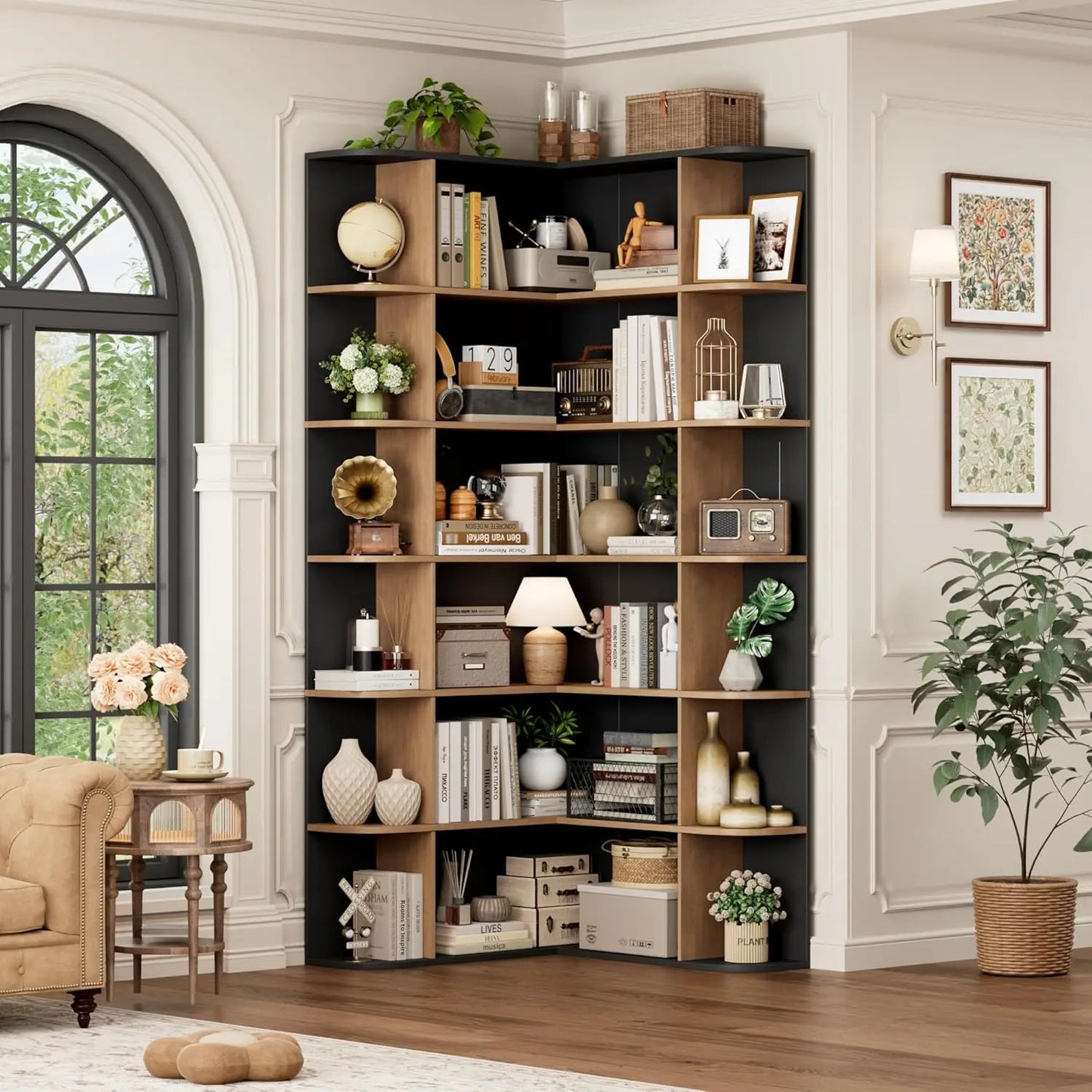 L Shaped Corner Bookshelf Six Tier Wood Bookcase Home Office