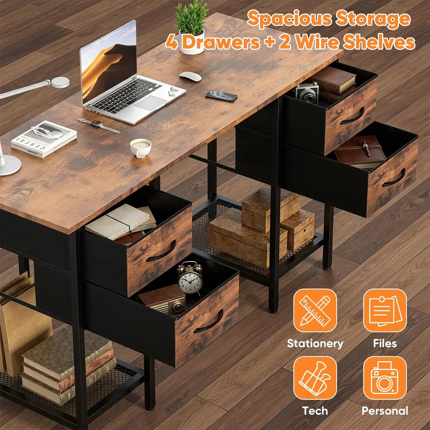 JHK Computer Desk With 4 Drawers And Mesh Shelf Home
