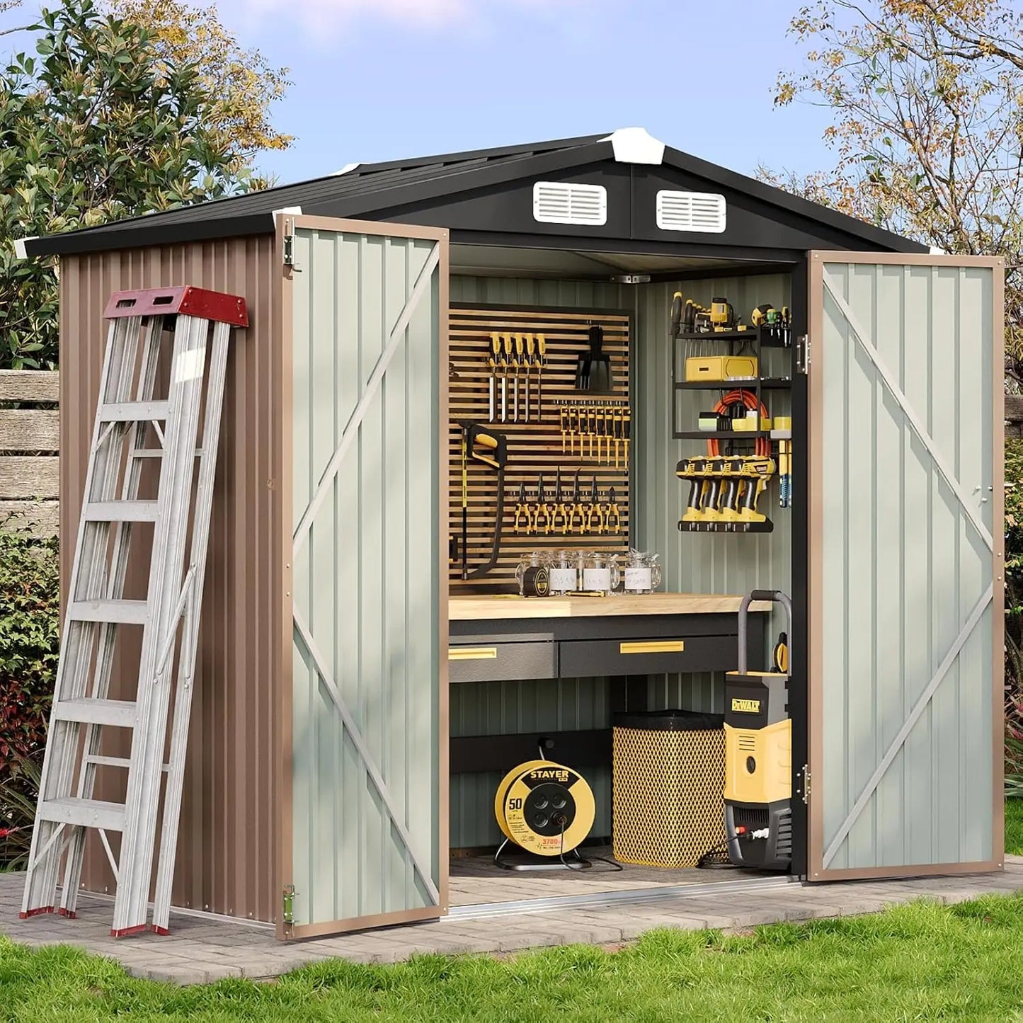 Lockable Metal Storage Shed With Sloped Roof For Backyard Patio