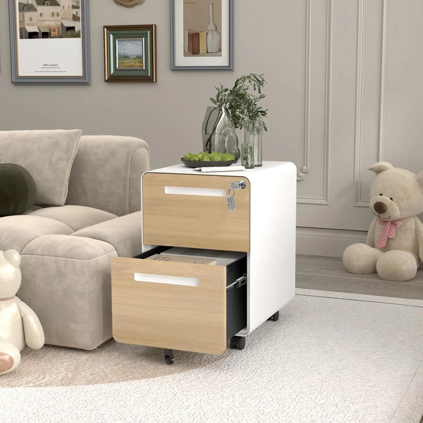 HiMISS Locking 2 Drawer On Wheels Rolling File Cabinet