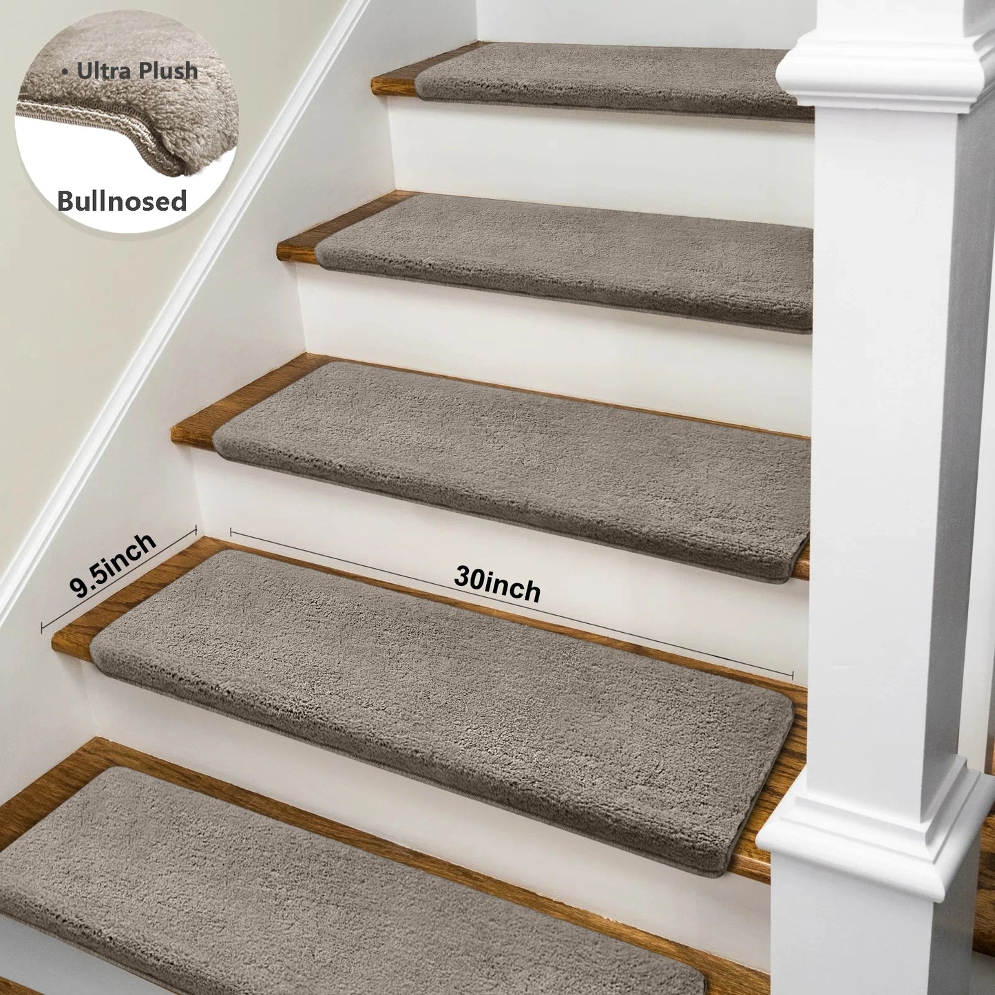 Non-Slip Bullnose Stair Treads Washable Self-Adhesive Plush Carpet Mats