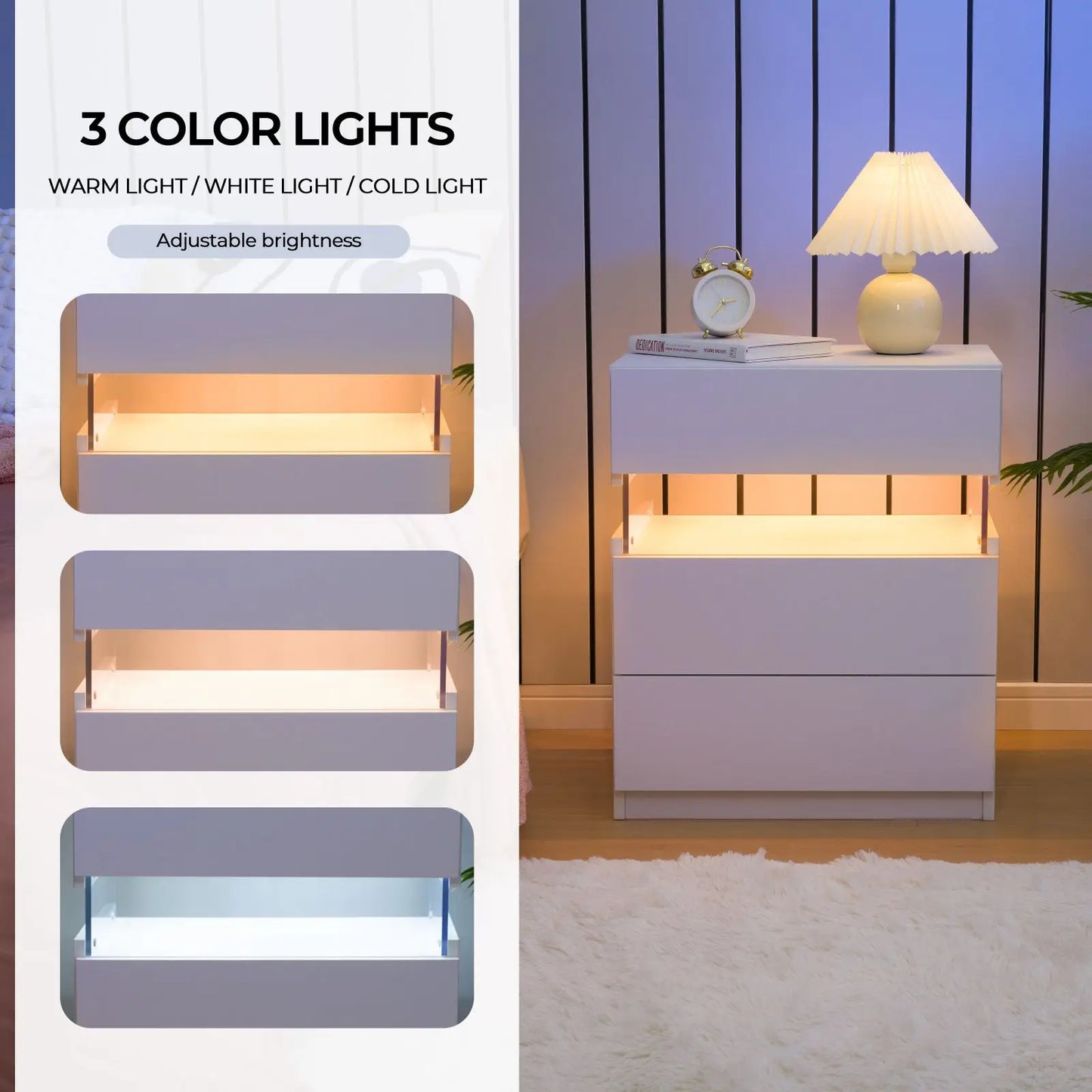 Cubehom Bedside Table Set With LED Lighting And 3 Drawers