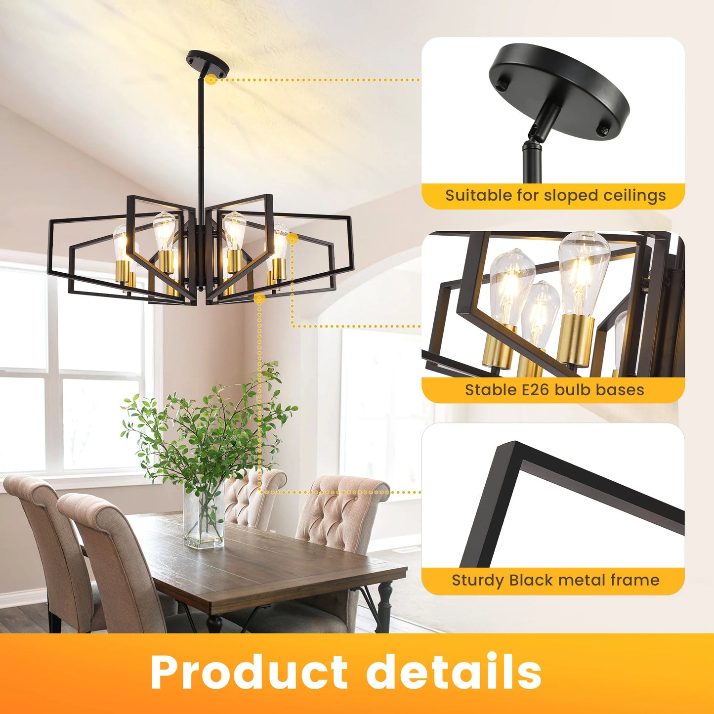 Geometric Eight Light Chandelier With Adjustable Height Metal Pendant