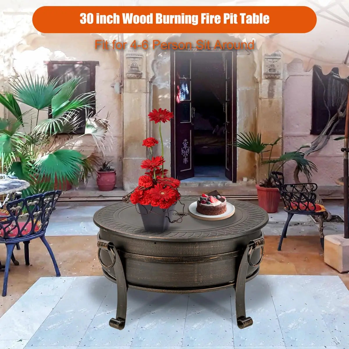 Three In One Wooden Fire Pit With GrillGrate And Lid