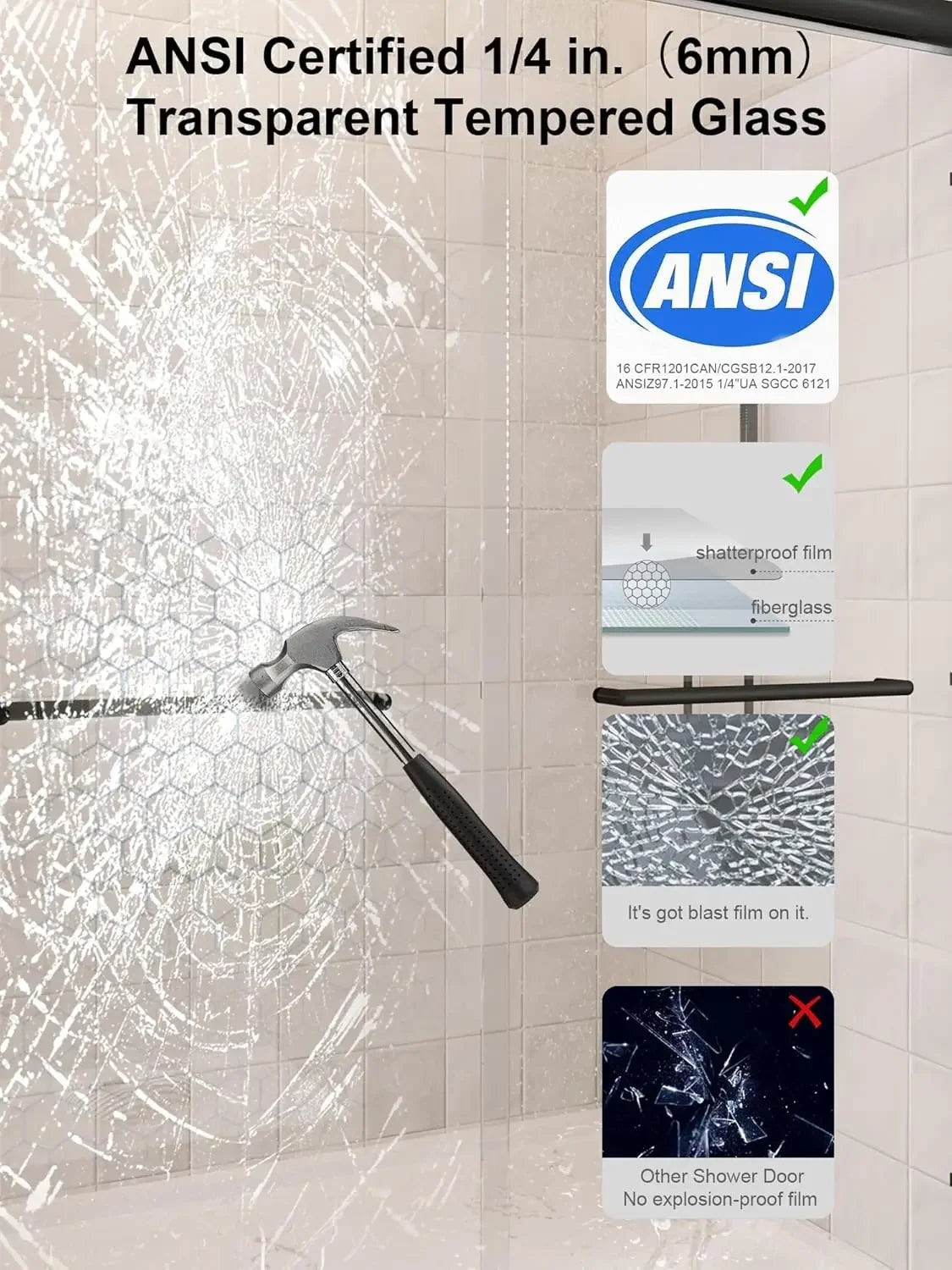 Glass Shower Door Sliding Aluminum Semi Frameless Explosion Proof Coating