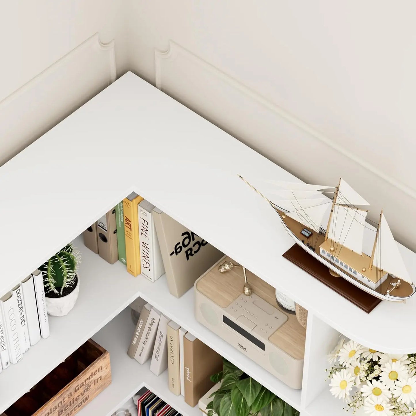L Shaped Corner Bookshelf Six Tier Wood Bookcase Home Office