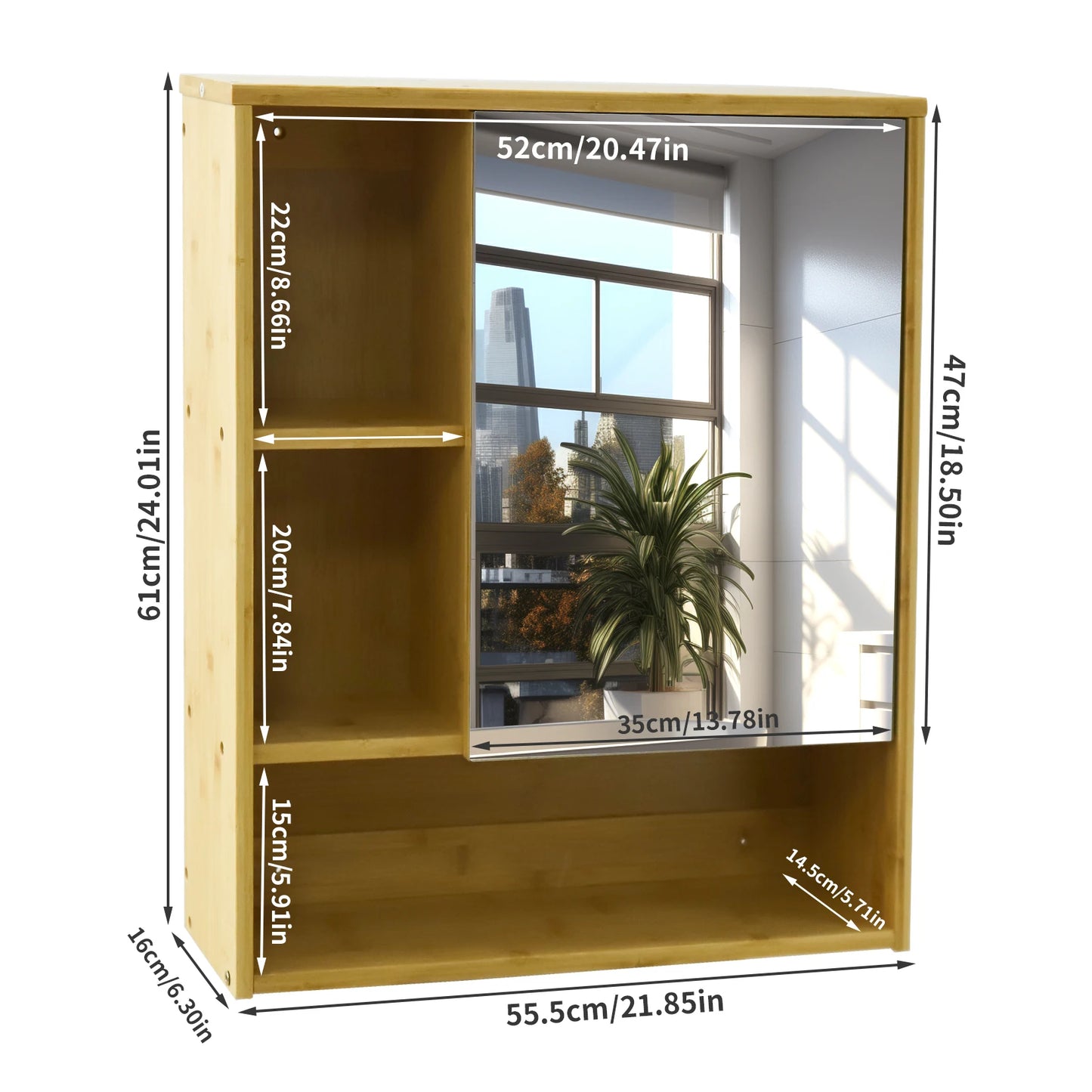 Natural Bamboo Wall Mounted Medicine Cabinet With Five Tier Shelves